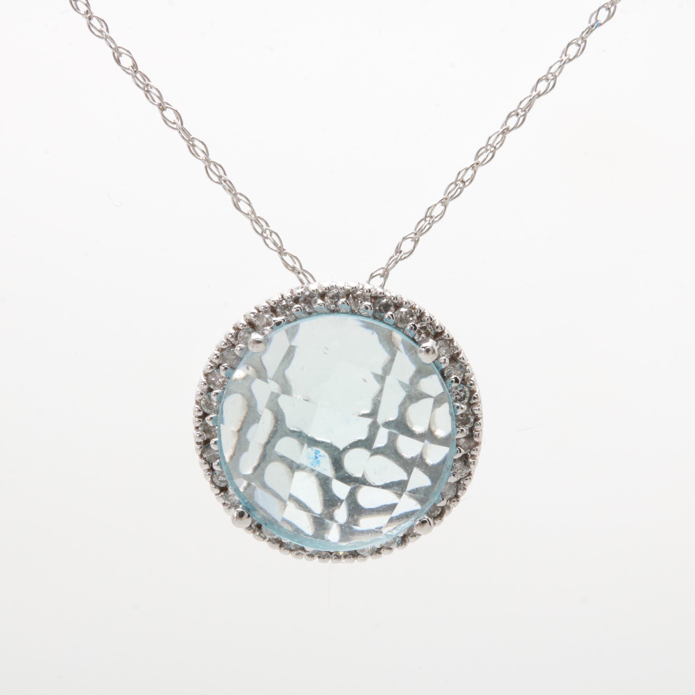 14K White Gold Blue Topaz and Diamond Necklace