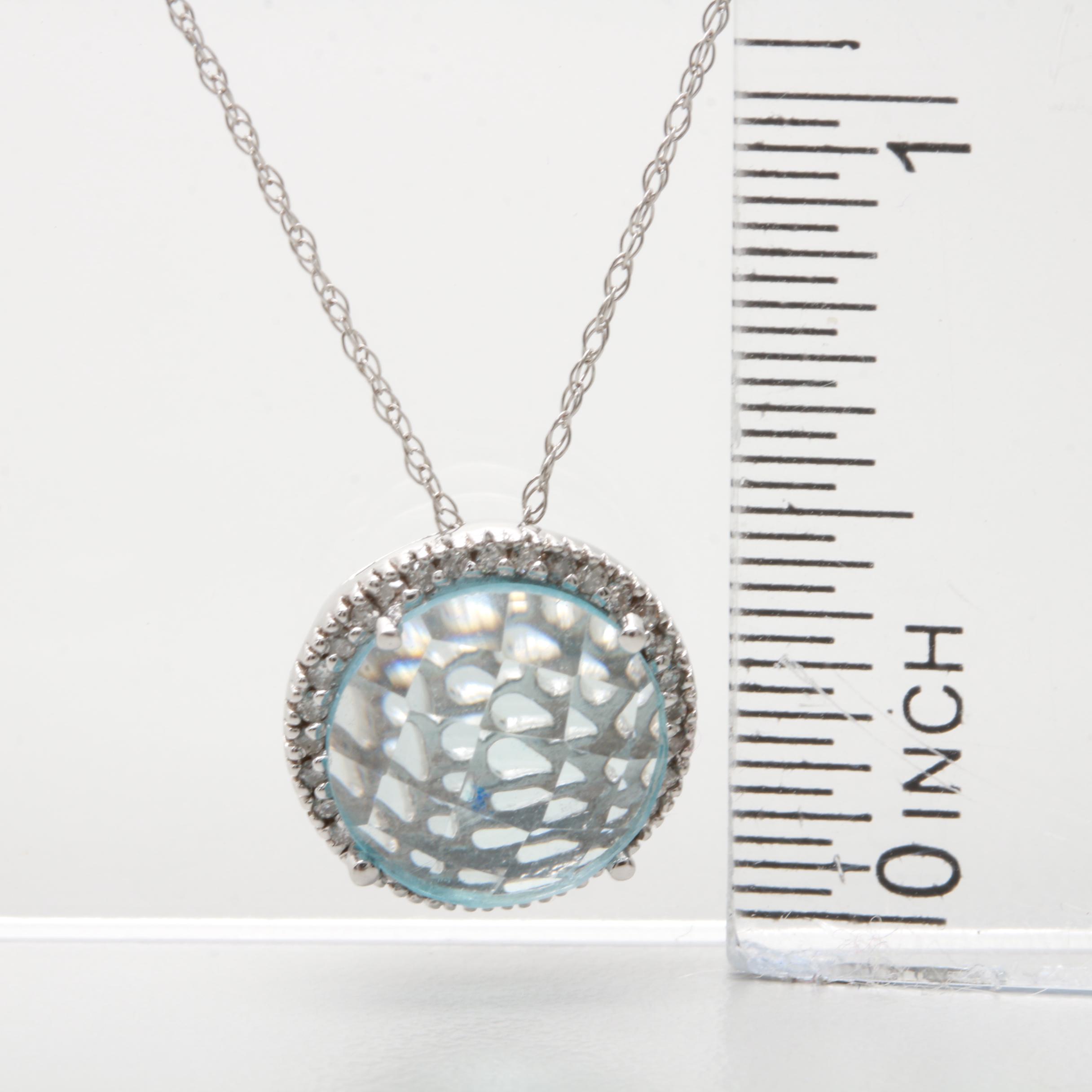 14K White Gold Blue Topaz and Diamond Necklace