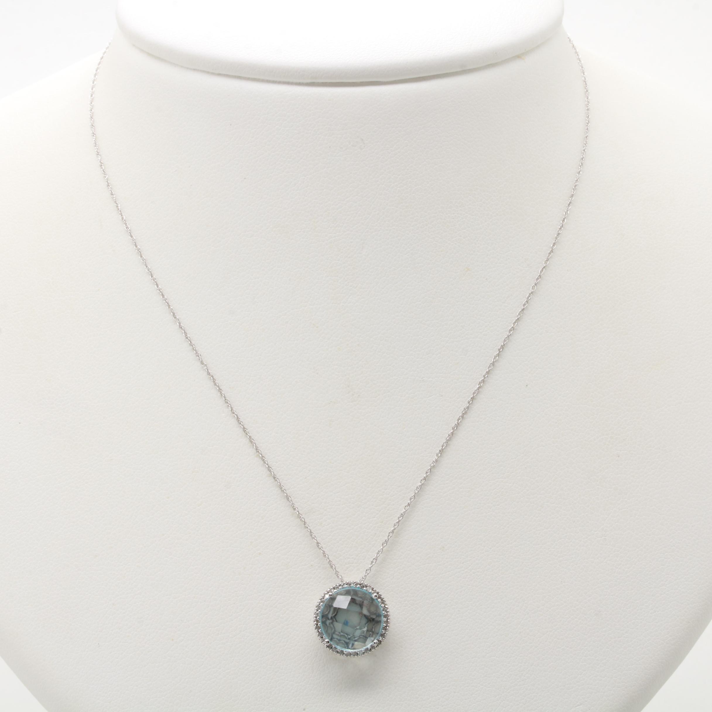 14K White Gold Blue Topaz and Diamond Necklace