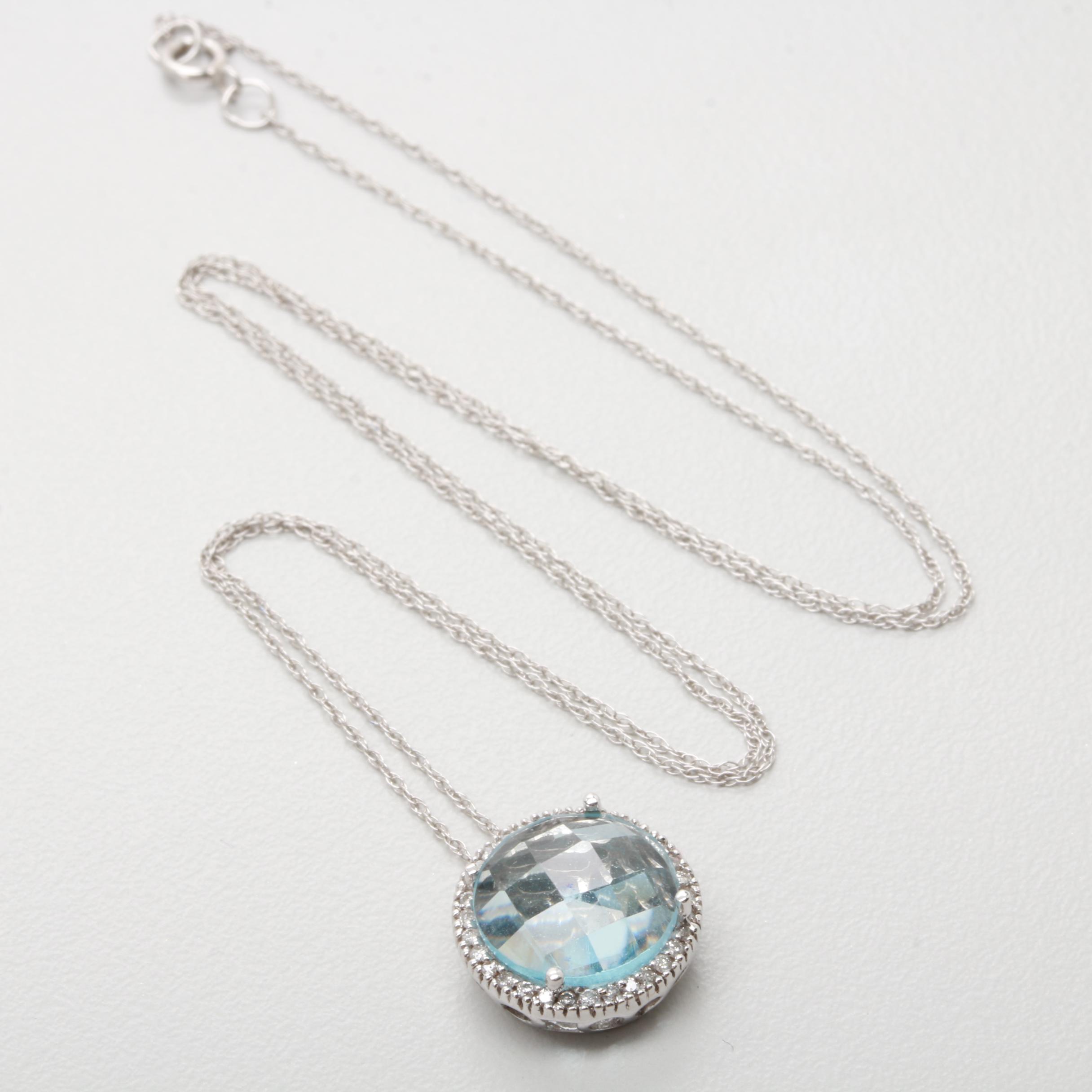 14K White Gold Blue Topaz and Diamond Necklace