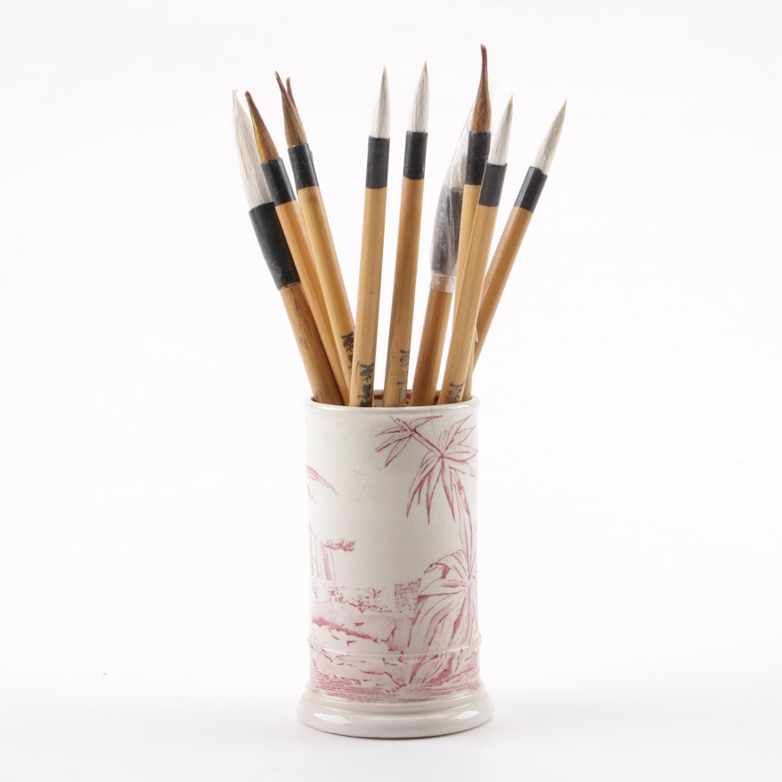 Chinese Calligraphy Brushes and Jar