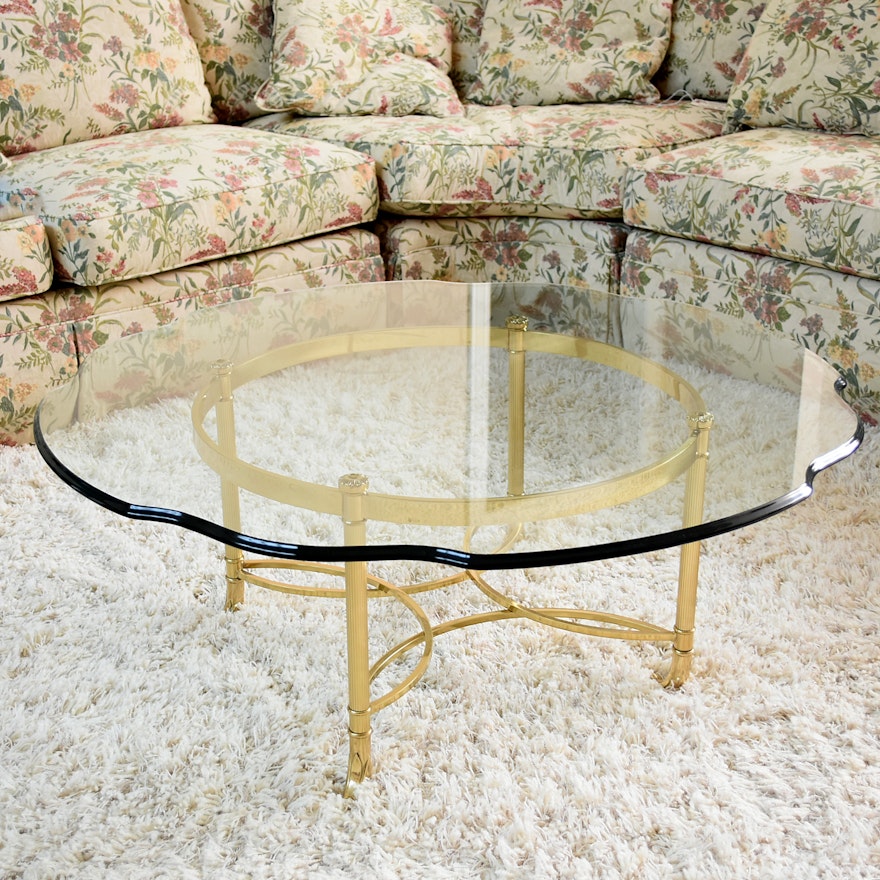 Contemporary Glass Top Coffee Table with Brass Base