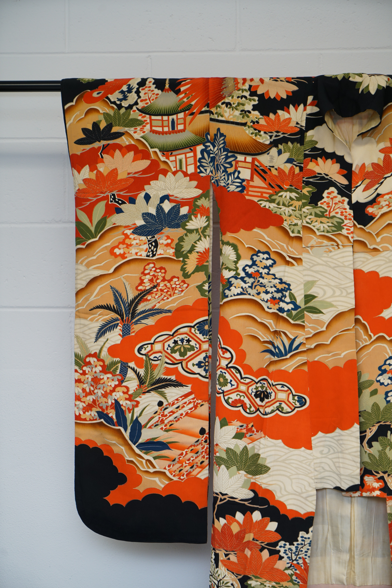 Circa 1900s Antique Handwoven Silk Crepe Formal Crested Furisode Kimono