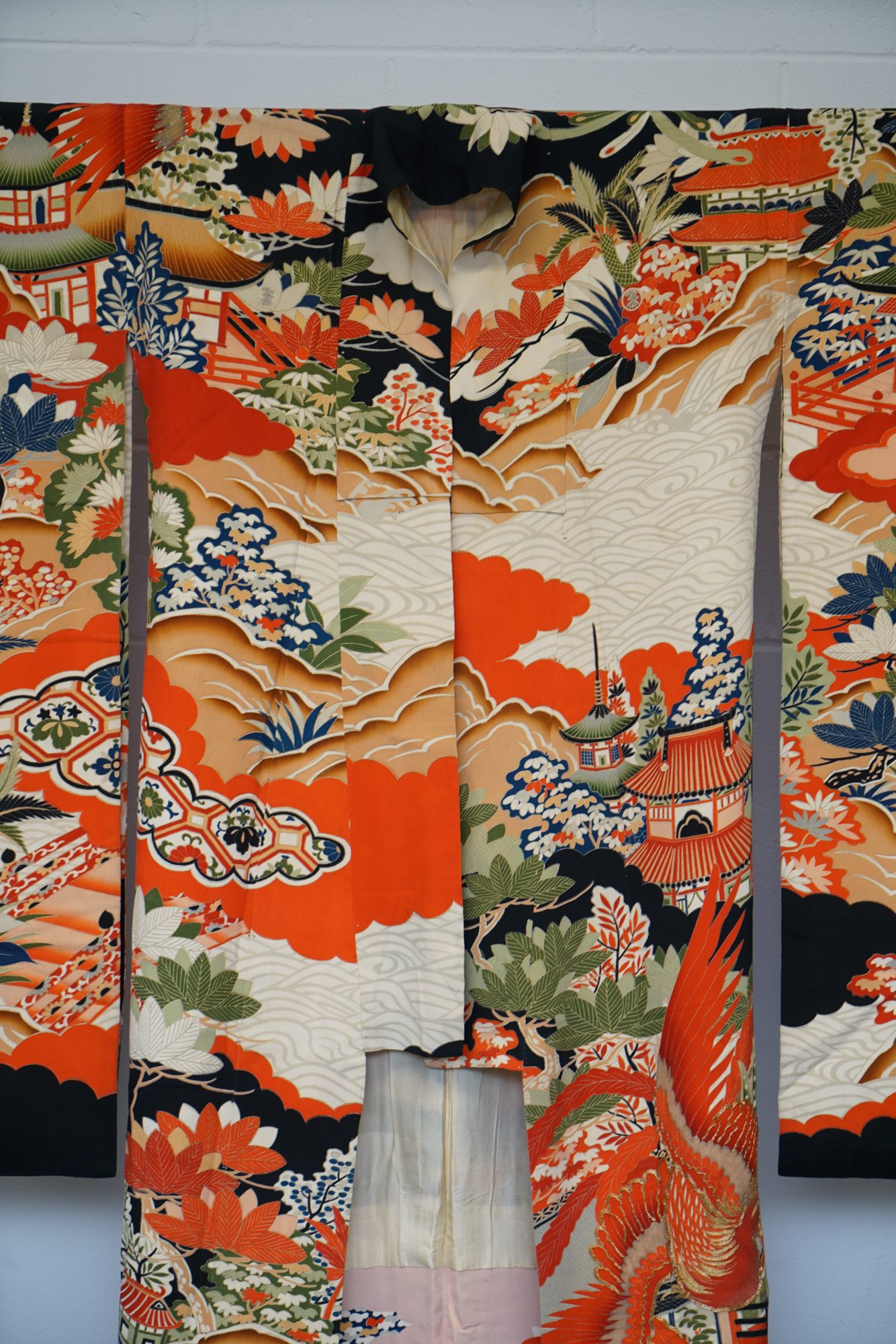 Circa 1900s Antique Handwoven Silk Crepe Formal Crested Furisode Kimono