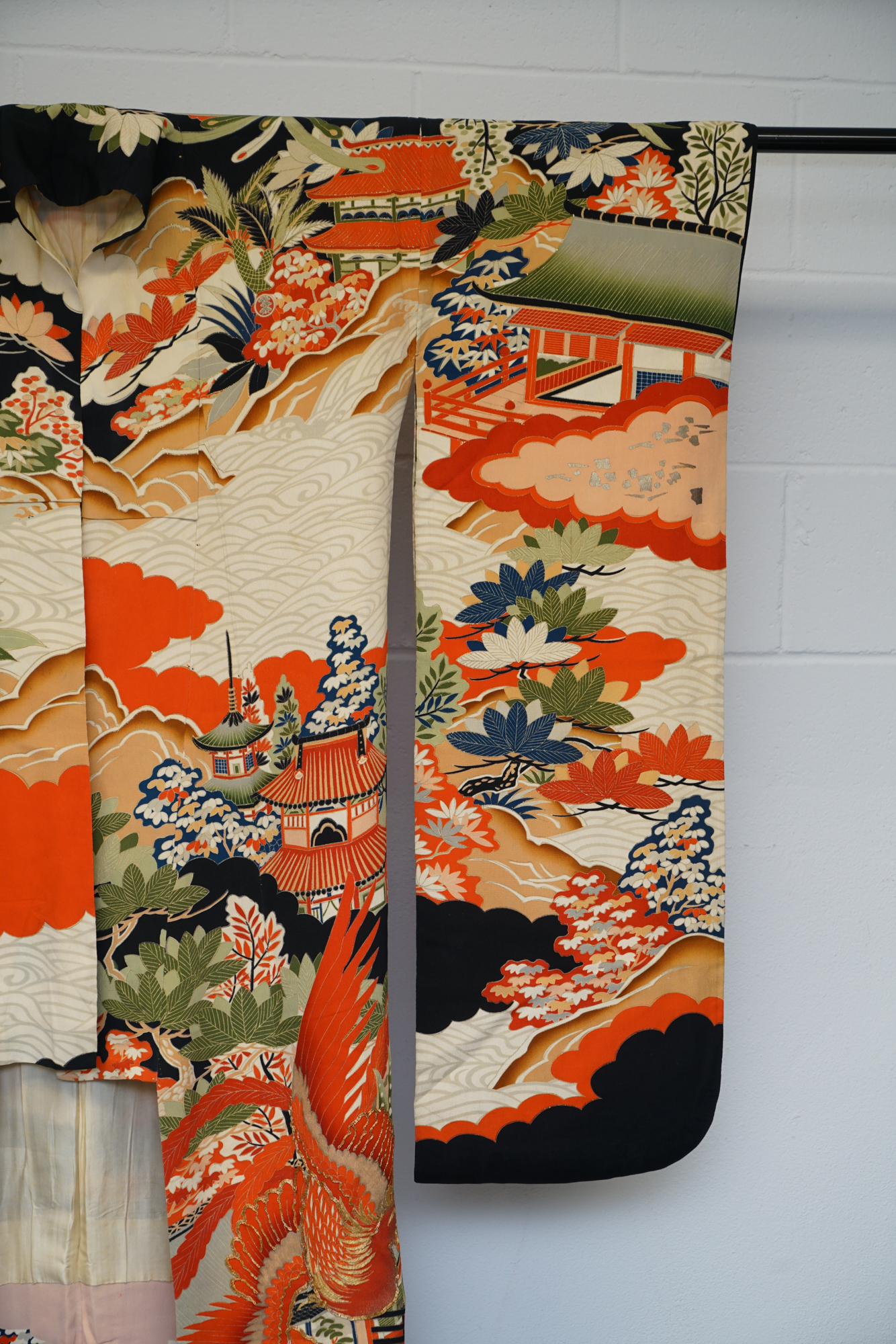 Circa 1900s Antique Handwoven Silk Crepe Formal Crested Furisode Kimono