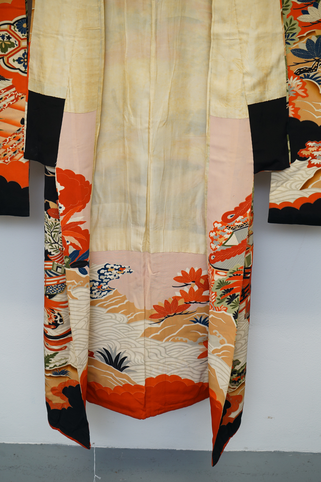 Circa 1900s Antique Handwoven Silk Crepe Formal Crested Furisode Kimono