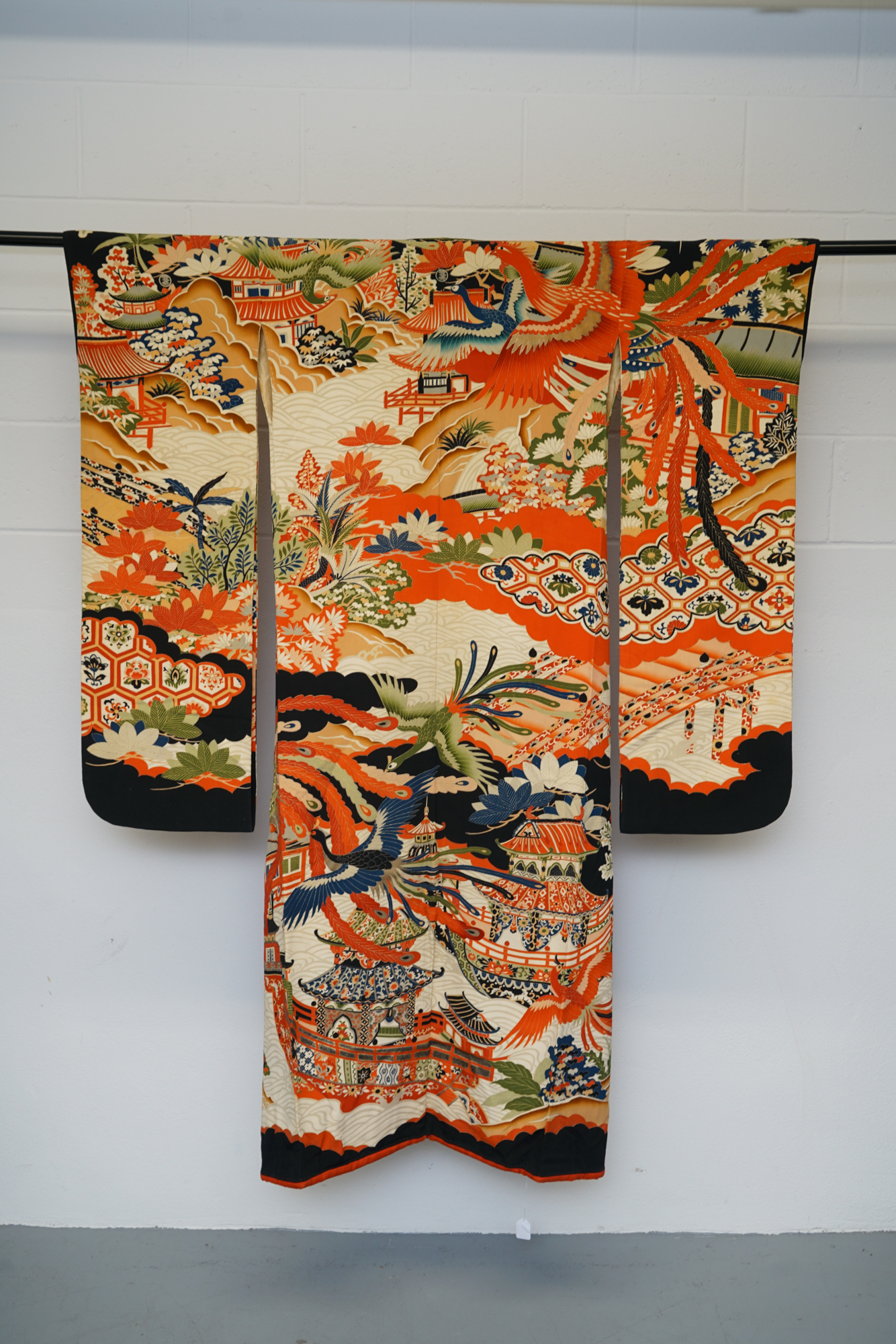 Circa 1900s Antique Handwoven Silk Crepe Formal Crested Furisode Kimono