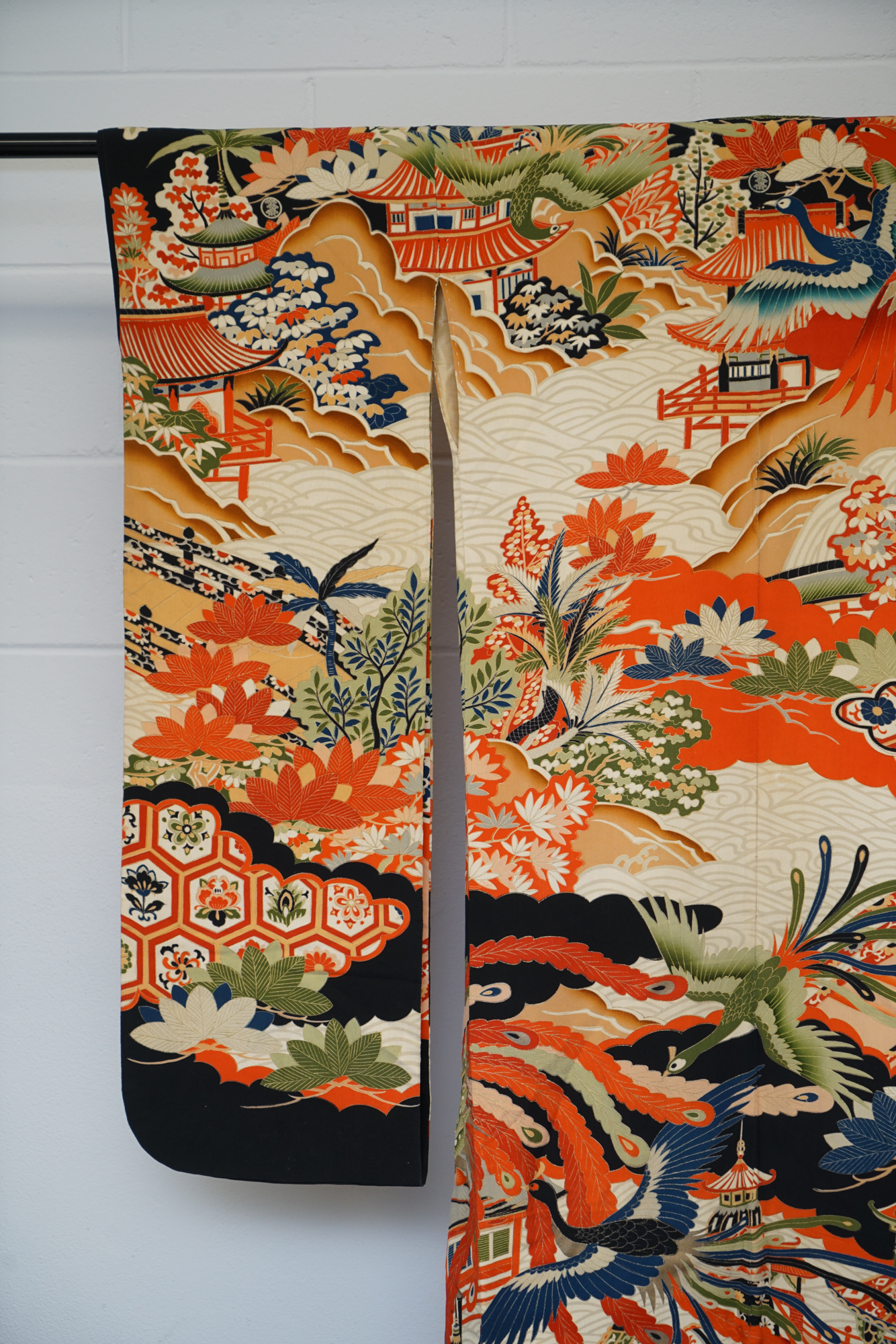 Circa 1900s Antique Handwoven Silk Crepe Formal Crested Furisode Kimono