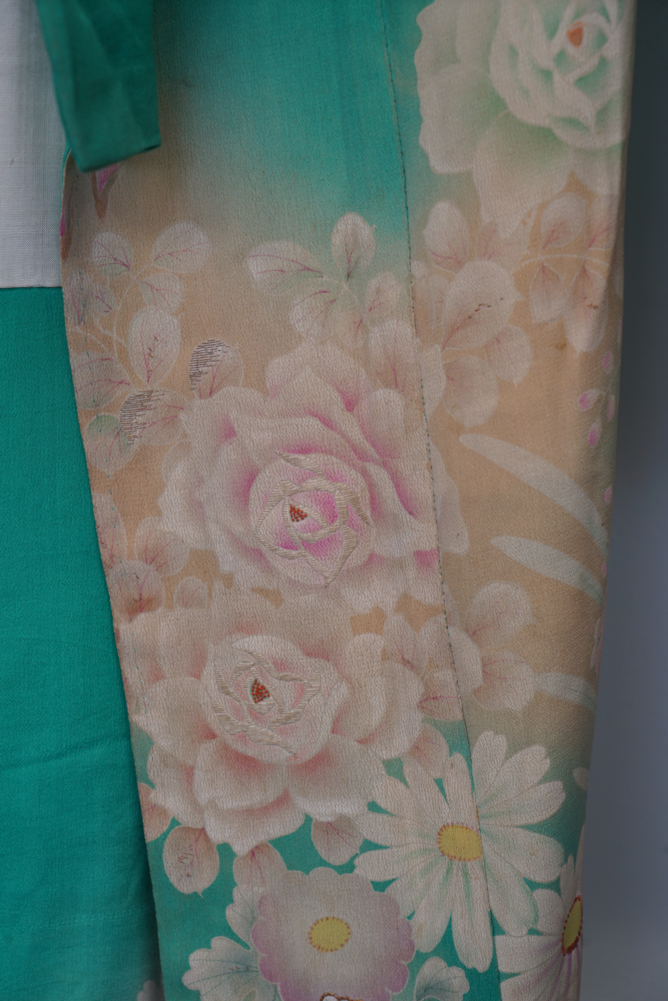 Circa 1880 Antique Handwoven Silk Crepe Five Crested Furisode Kimono