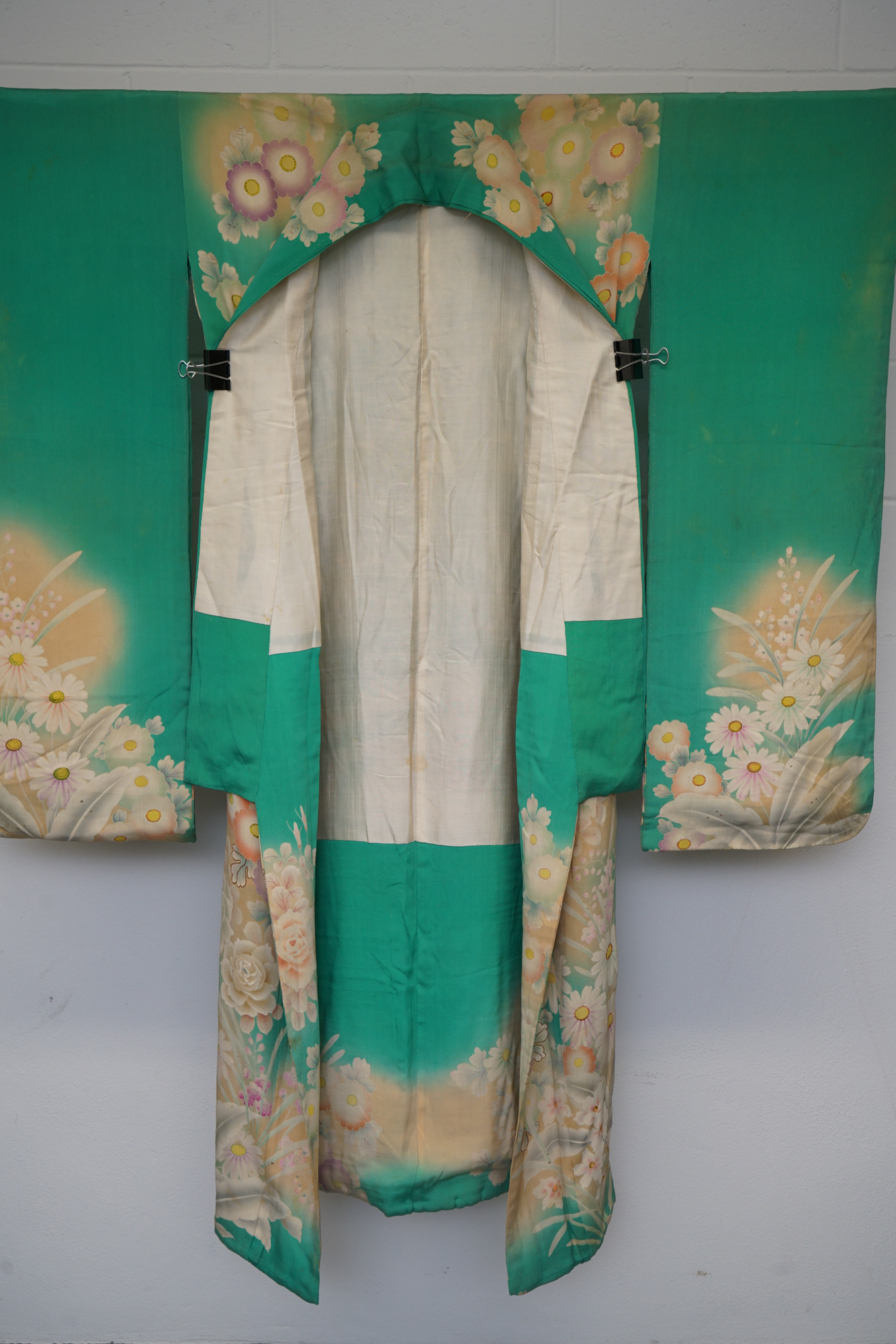 Circa 1880 Antique Handwoven Silk Crepe Five Crested Furisode Kimono