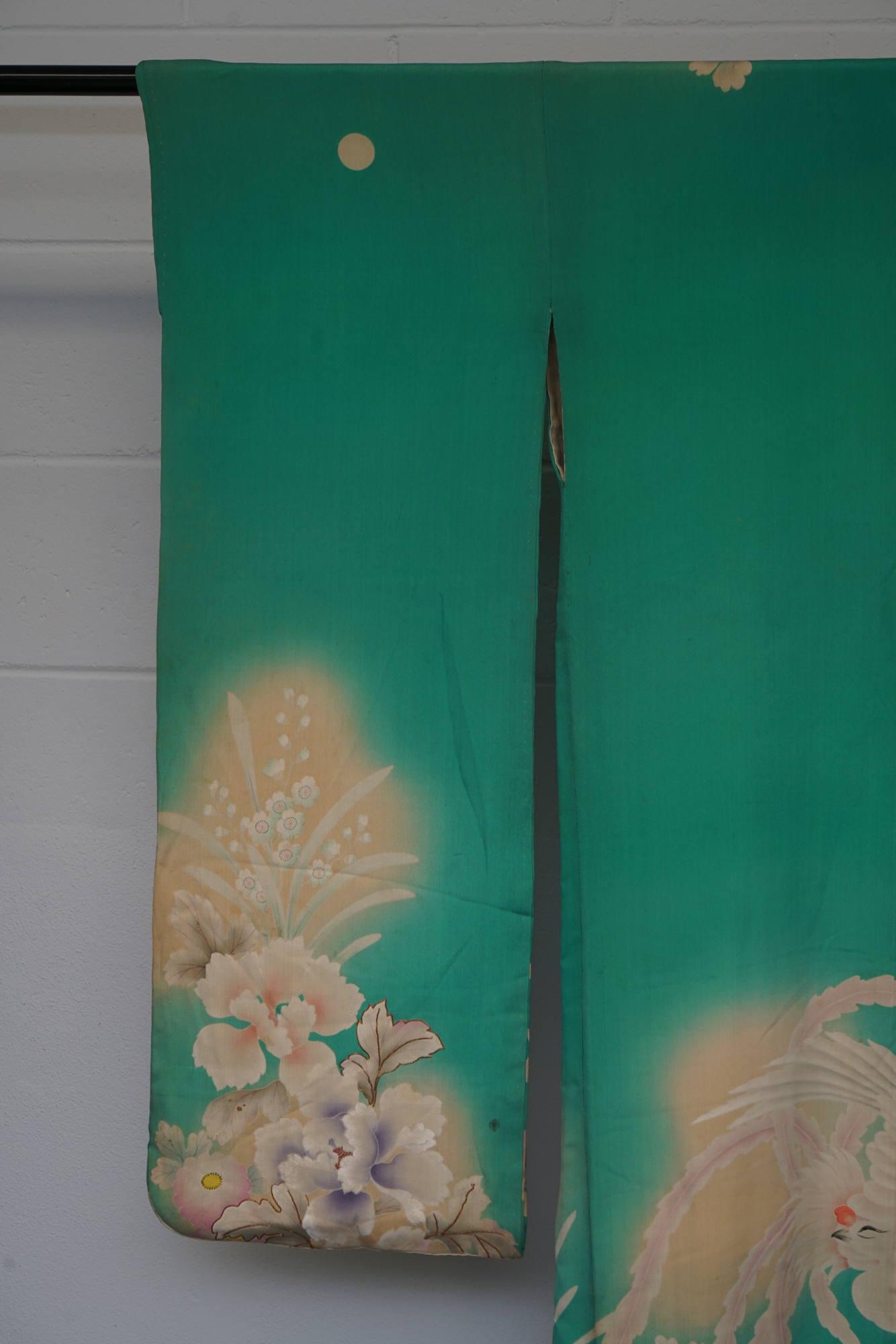 Circa 1880 Antique Handwoven Silk Crepe Five Crested Furisode Kimono