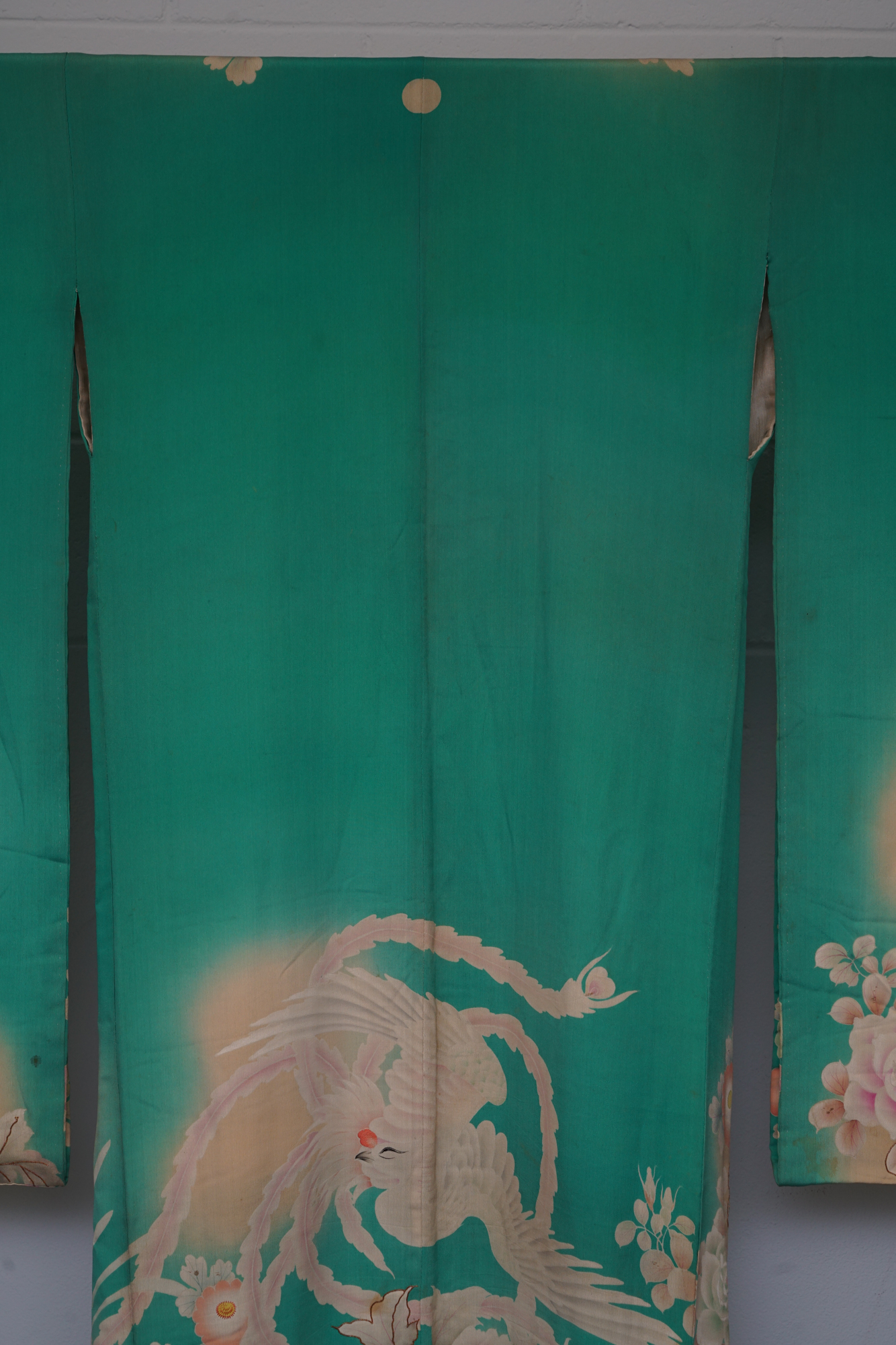 Circa 1880 Antique Handwoven Silk Crepe Five Crested Furisode Kimono