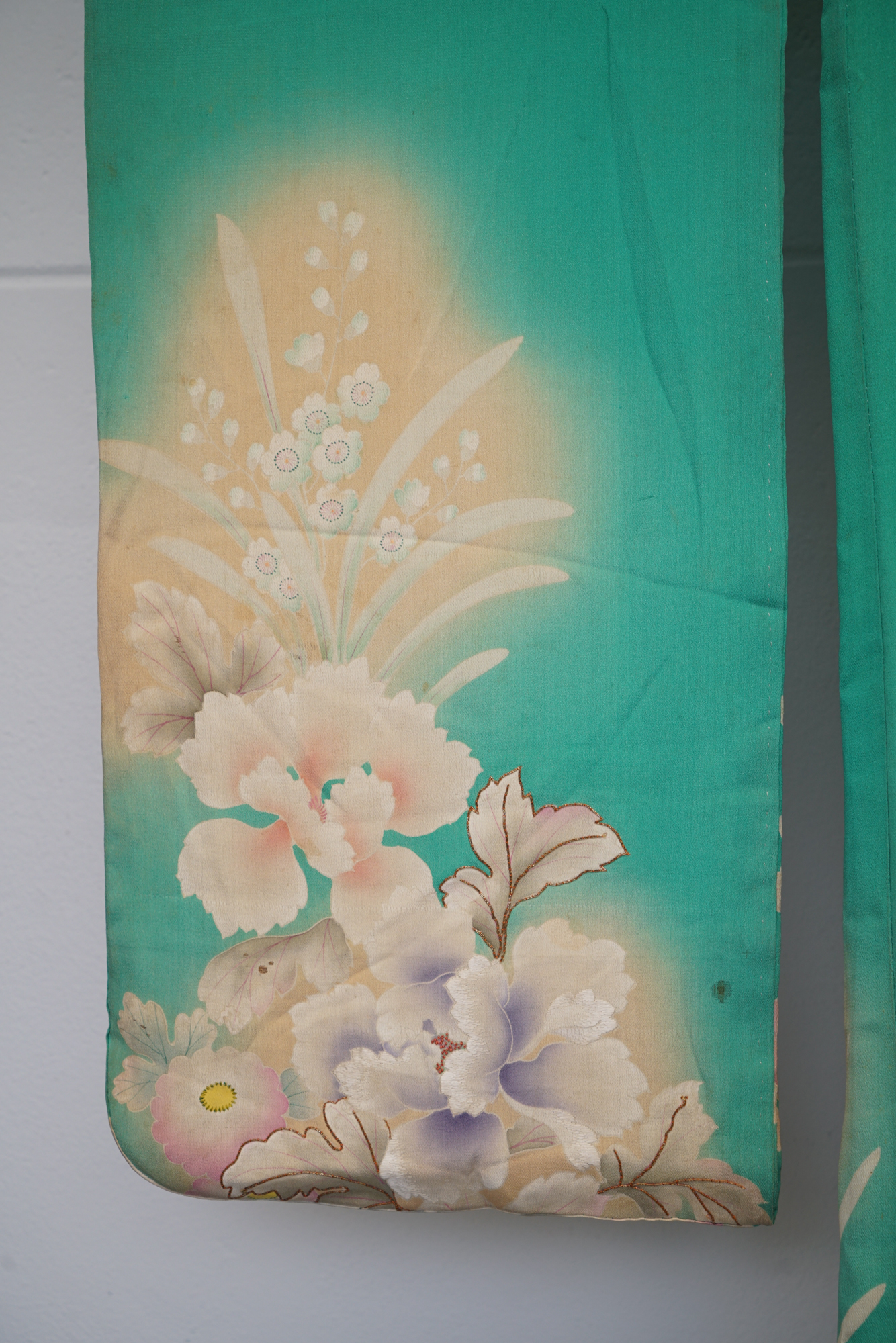 Circa 1880 Antique Handwoven Silk Crepe Five Crested Furisode Kimono