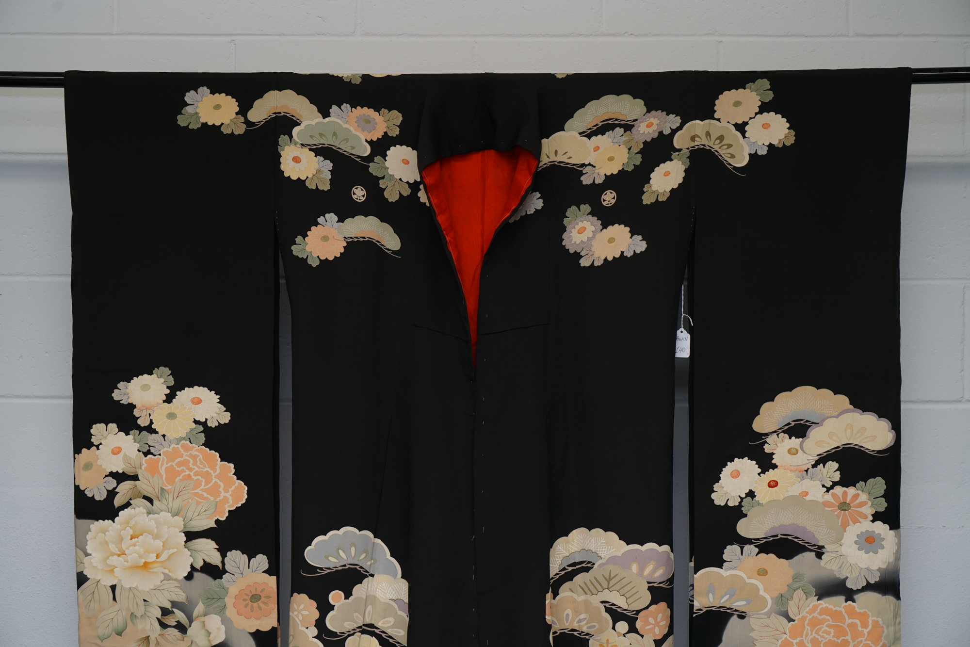 Circa 1890 Antique Handwoven Silk Crepe Formal Five Crested Furisode Kimono