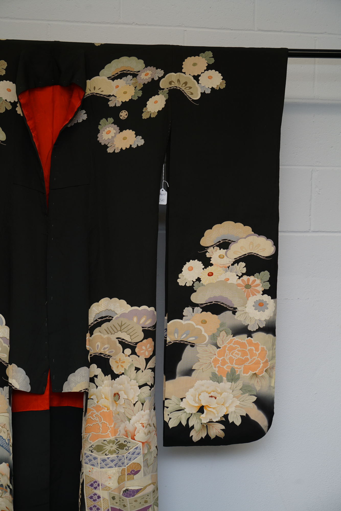 Circa 1890 Antique Handwoven Silk Crepe Formal Five Crested Furisode Kimono