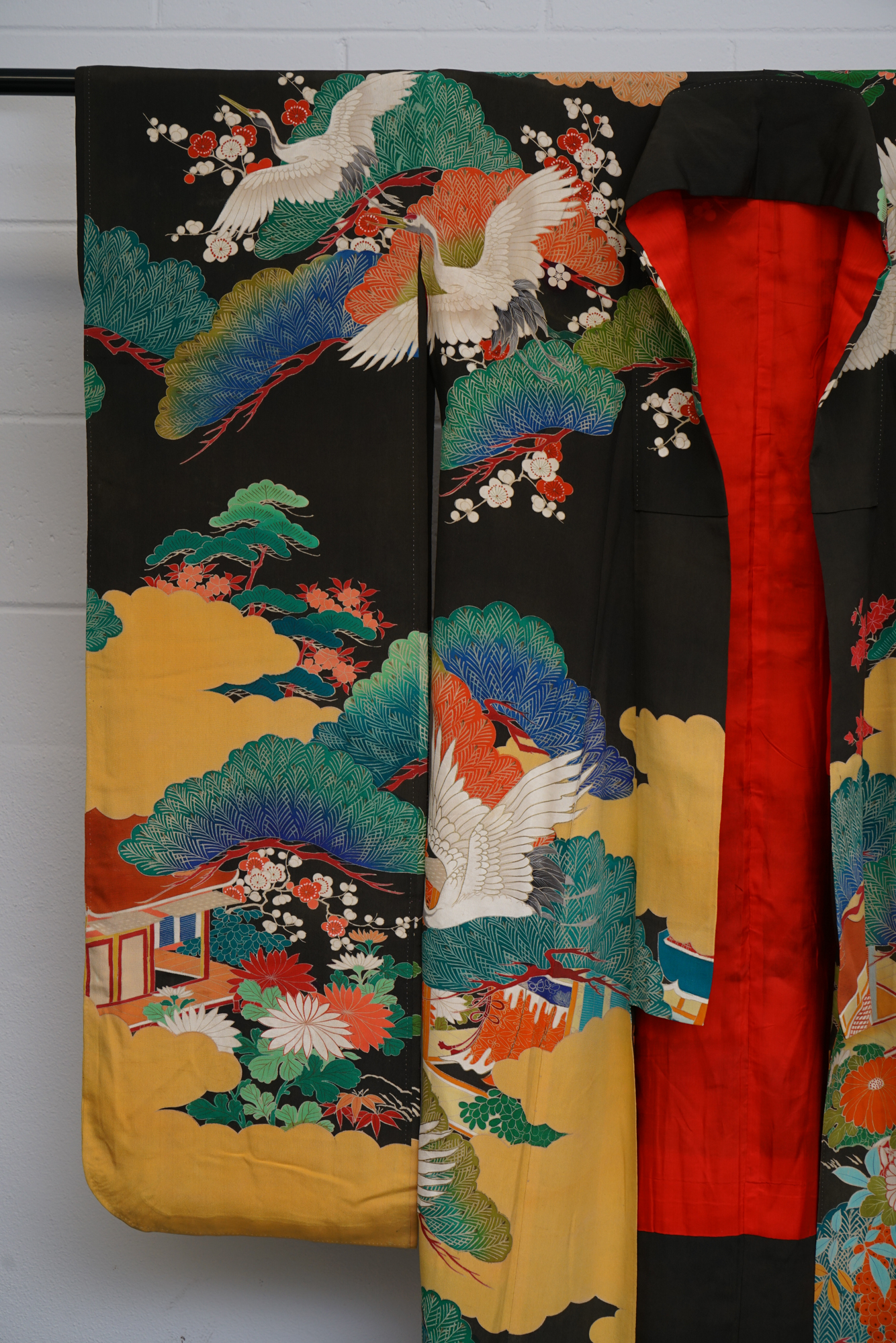 Circa 1915 Antique Handwoven Silk Crepe Formal Five Crested Furisode Kimono