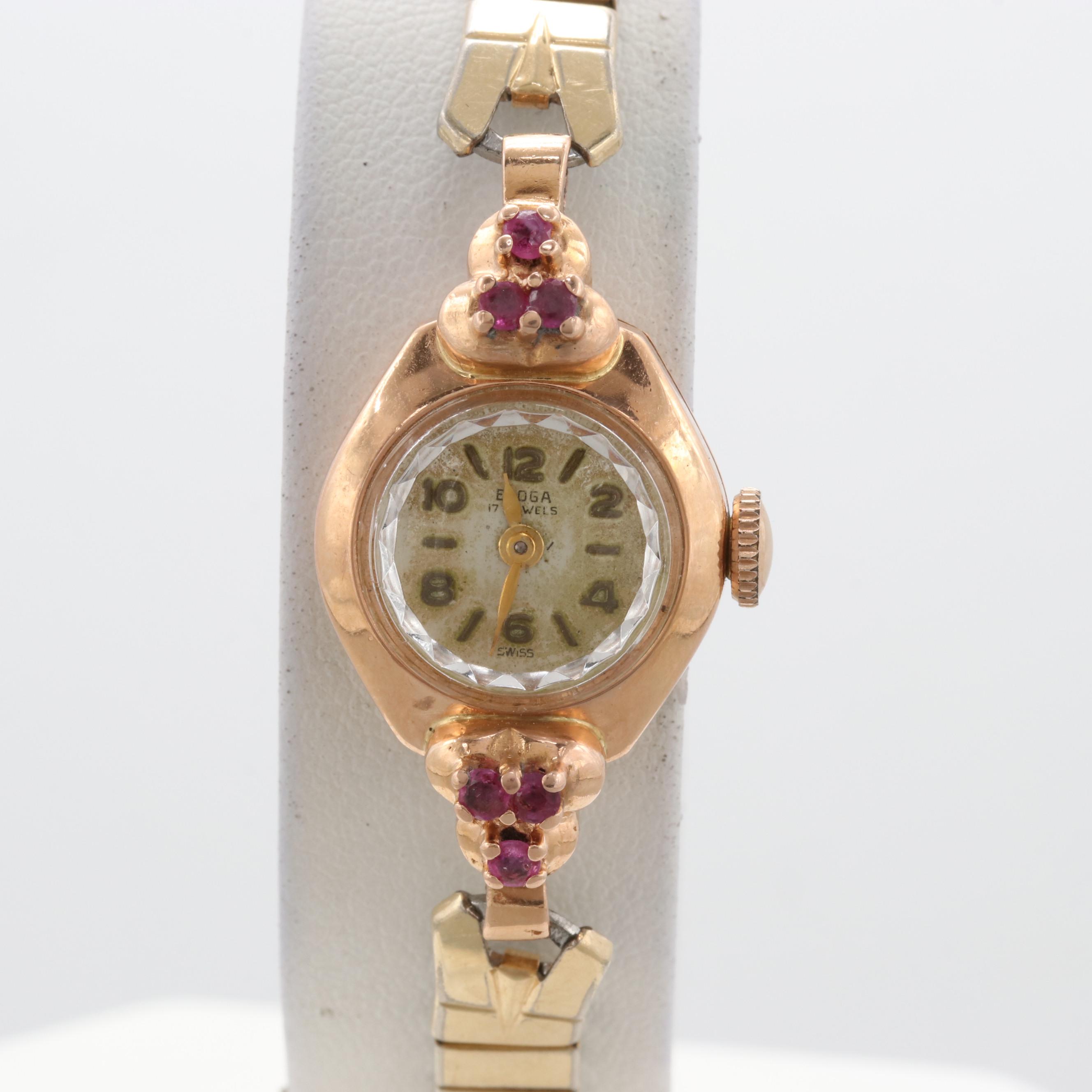 Vintage Eloga 14K Rose Gold Ruby Stem Wind Watch