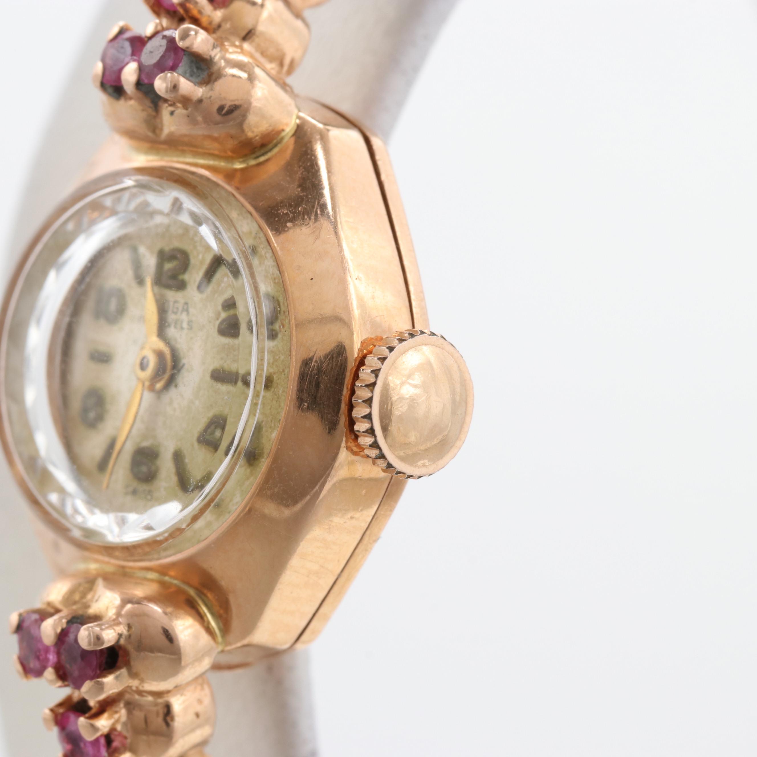 Vintage Eloga 14K Rose Gold Ruby Stem Wind Watch