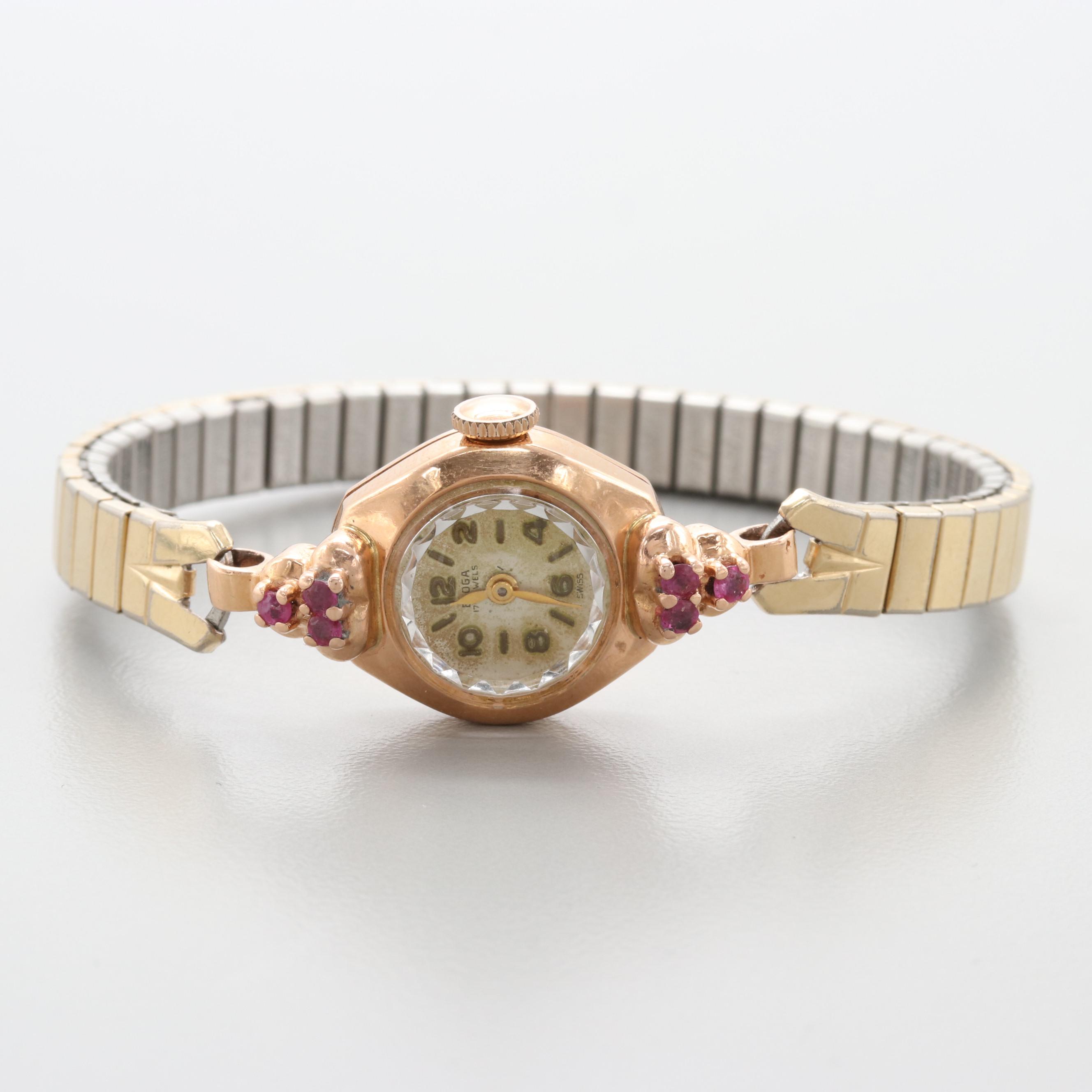 Vintage Eloga 14K Rose Gold Ruby Stem Wind Watch