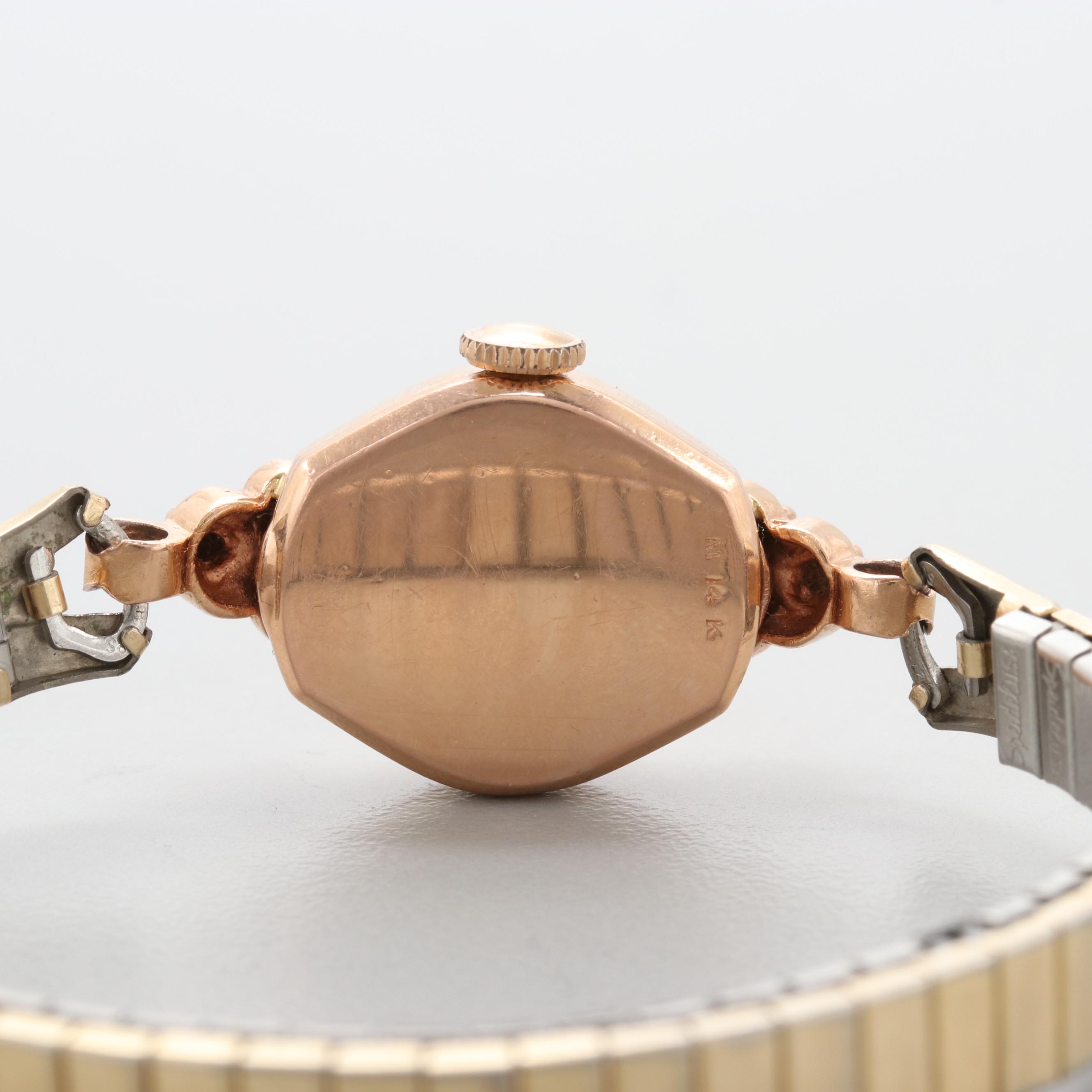 Vintage Eloga 14K Rose Gold Ruby Stem Wind Watch