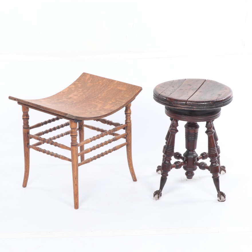 Quartersawn Oak Stool and Late Victorian Style Piano Stool, Early 20th Century