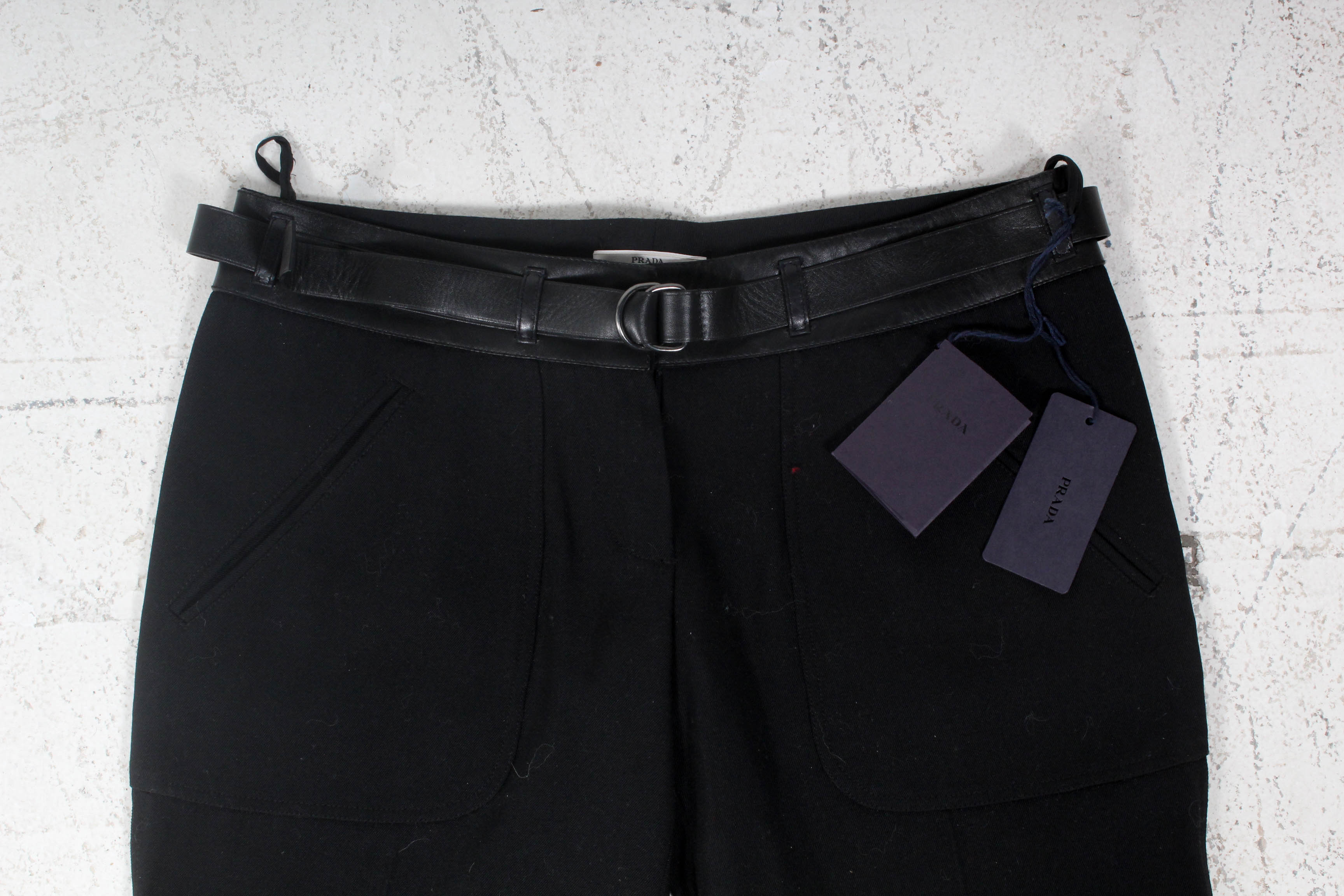 Prada Black Wool Trousers with Leather Belted Waist