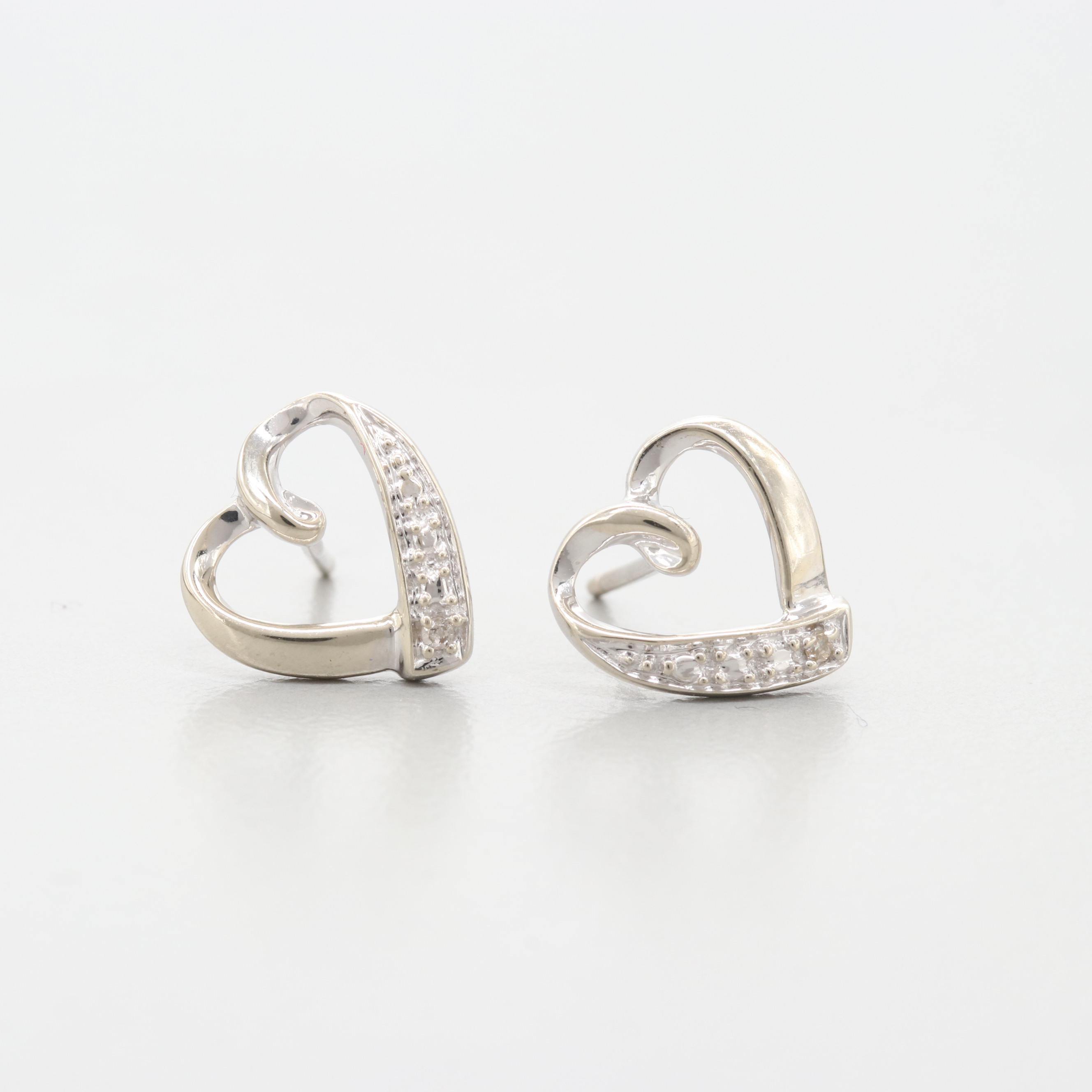 10K White Gold Diamond Heart Stud Earrings