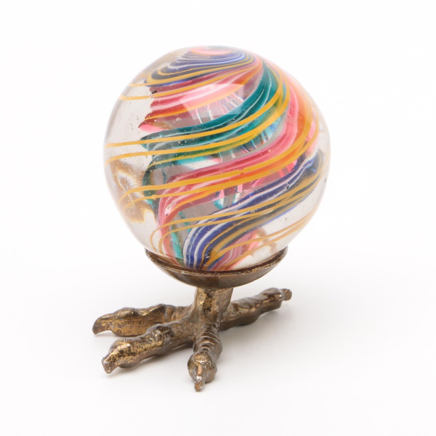 Handblown Ribbon Swirl Art Glass Marble with Gilt Finished Stand