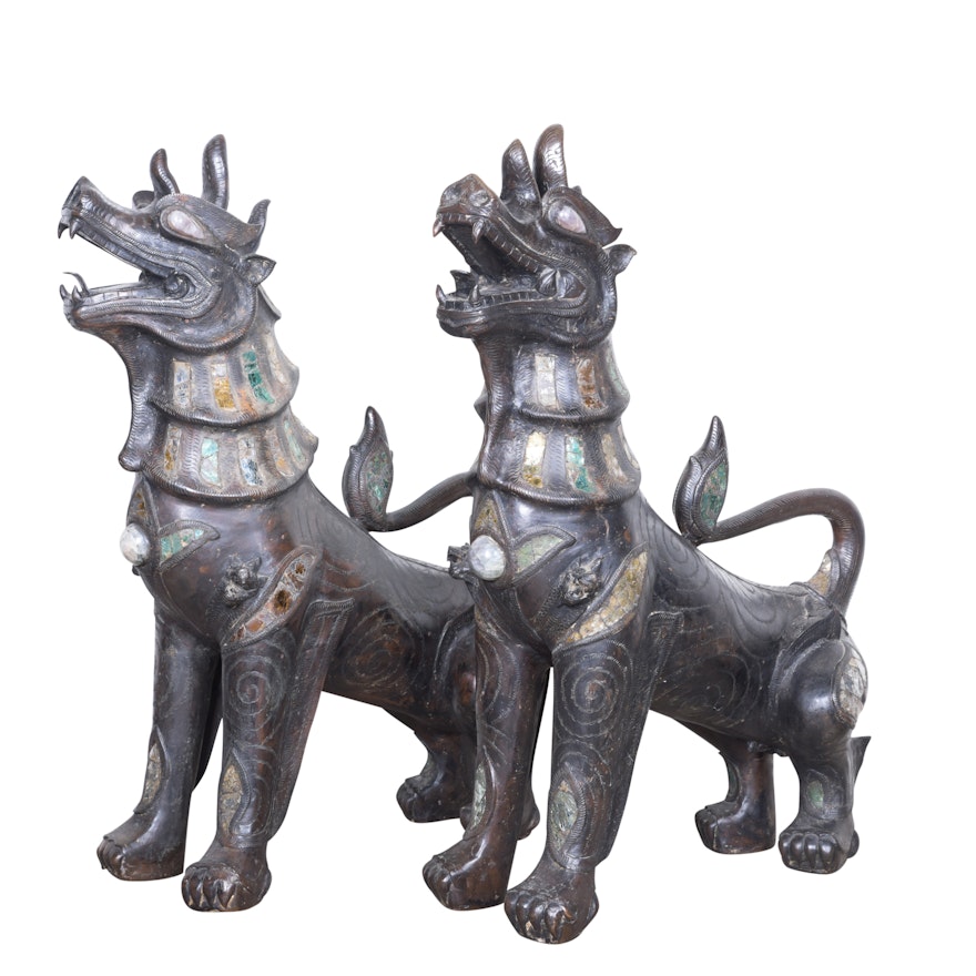 Thai Cast Metal Singha Guardian Lions with Glass and Quartz Inlay, 19th Century