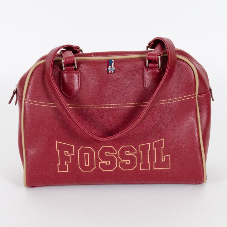 Fossil Red Pebble Leather Handbag with Beige Trim