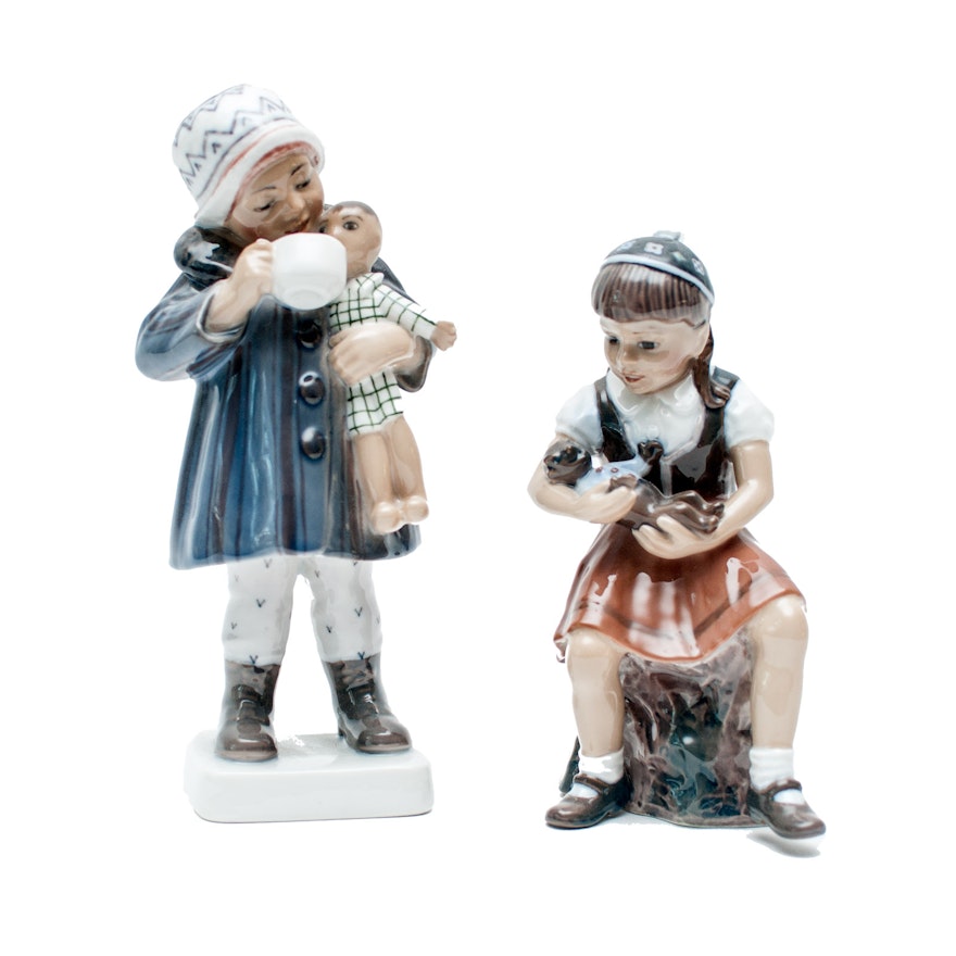 Dahl Jensen Copenhagen Figurines " Girl with Doll" and "Bente-the Little Girl"
