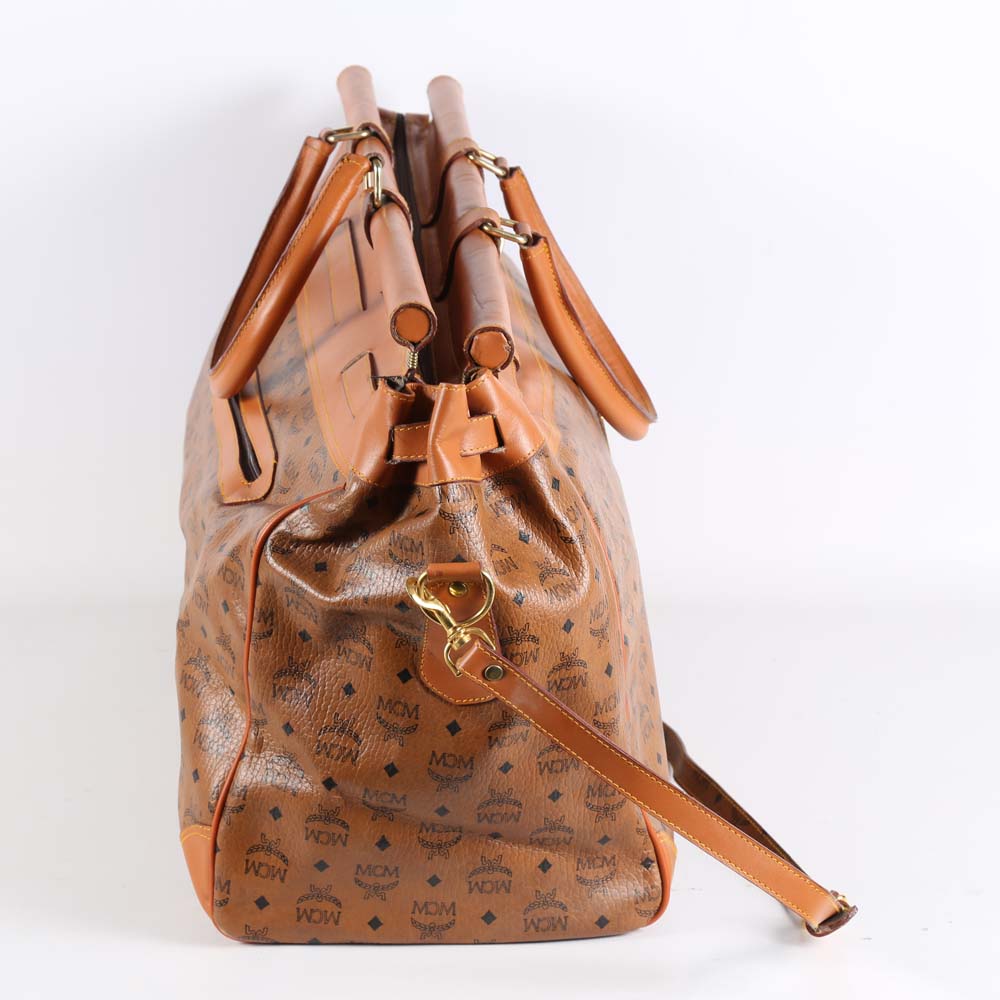 MCM Cognac Visetos Logo Print Coated Canvas Weekender Bag