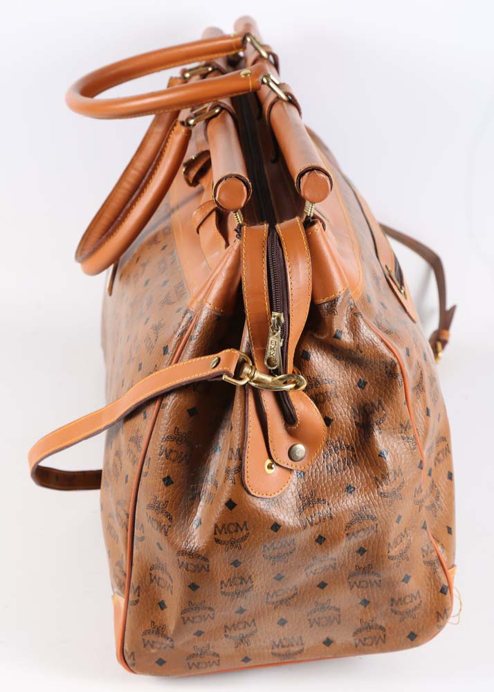 MCM Cognac Visetos Logo Print Coated Canvas Weekender Bag