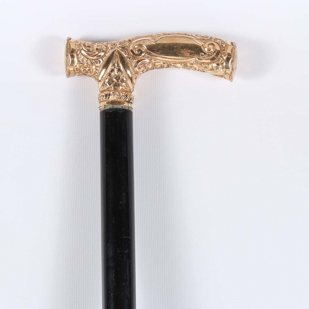 Antique 14K Yellow Gold and Ebony Walking Cane, Early 20th Century