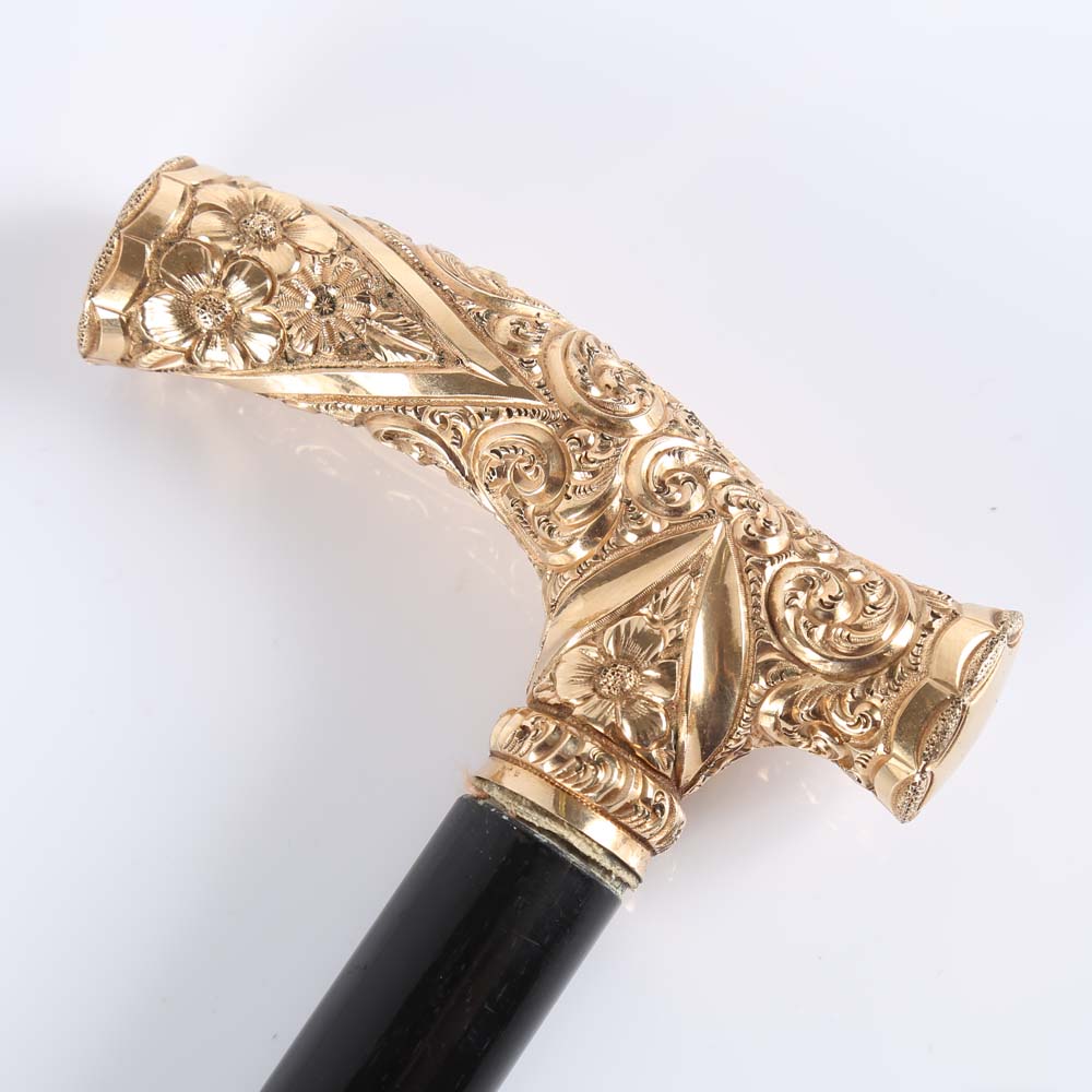 Antique 14K Yellow Gold and Ebony Walking Cane, Early 20th Century