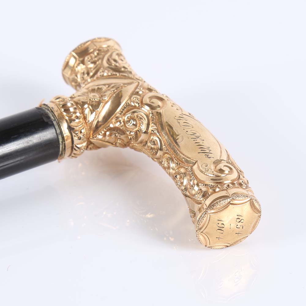 Antique 14K Yellow Gold and Ebony Walking Cane, Early 20th Century