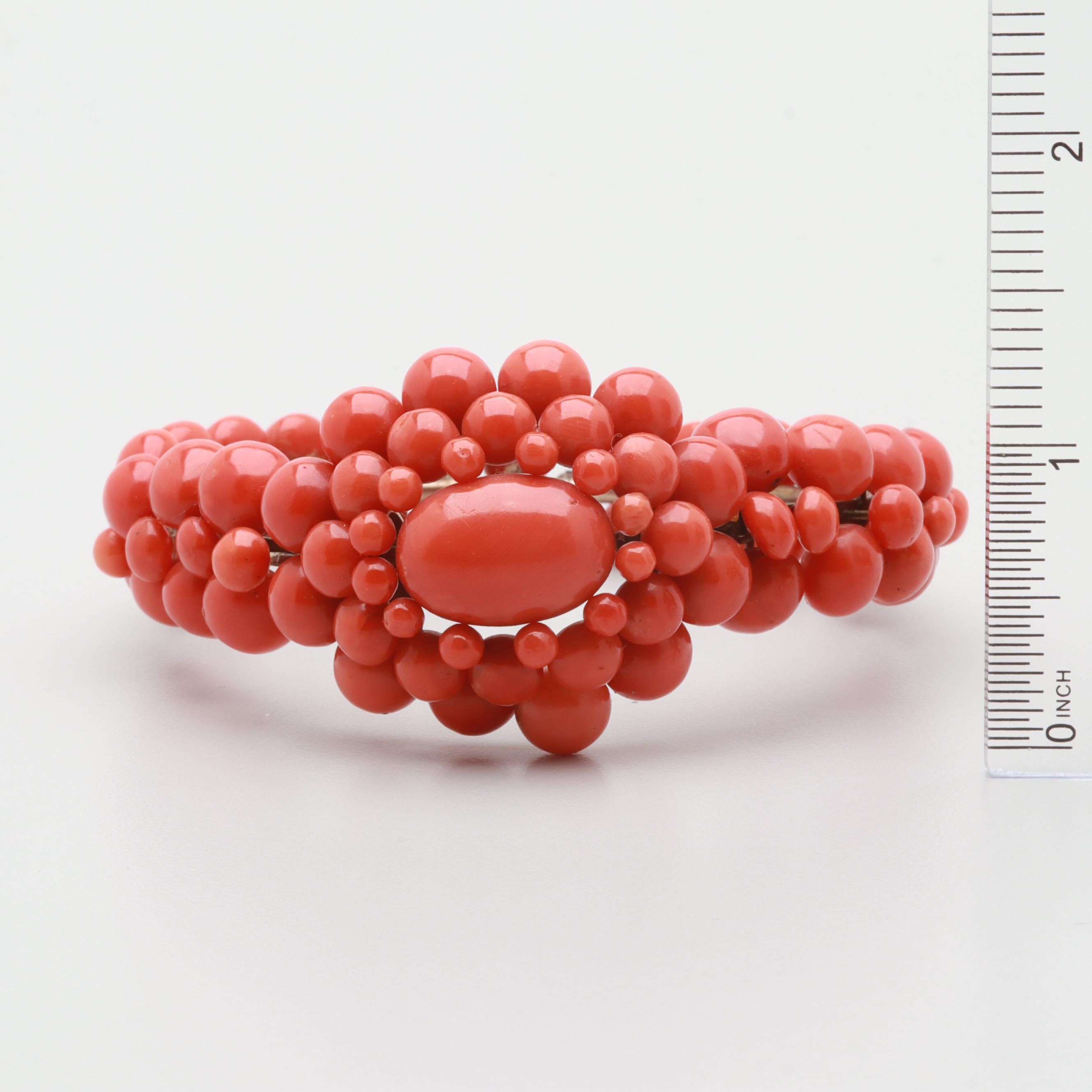 Victorian Coral Bracelet, Earring, and Brooch Set with Case