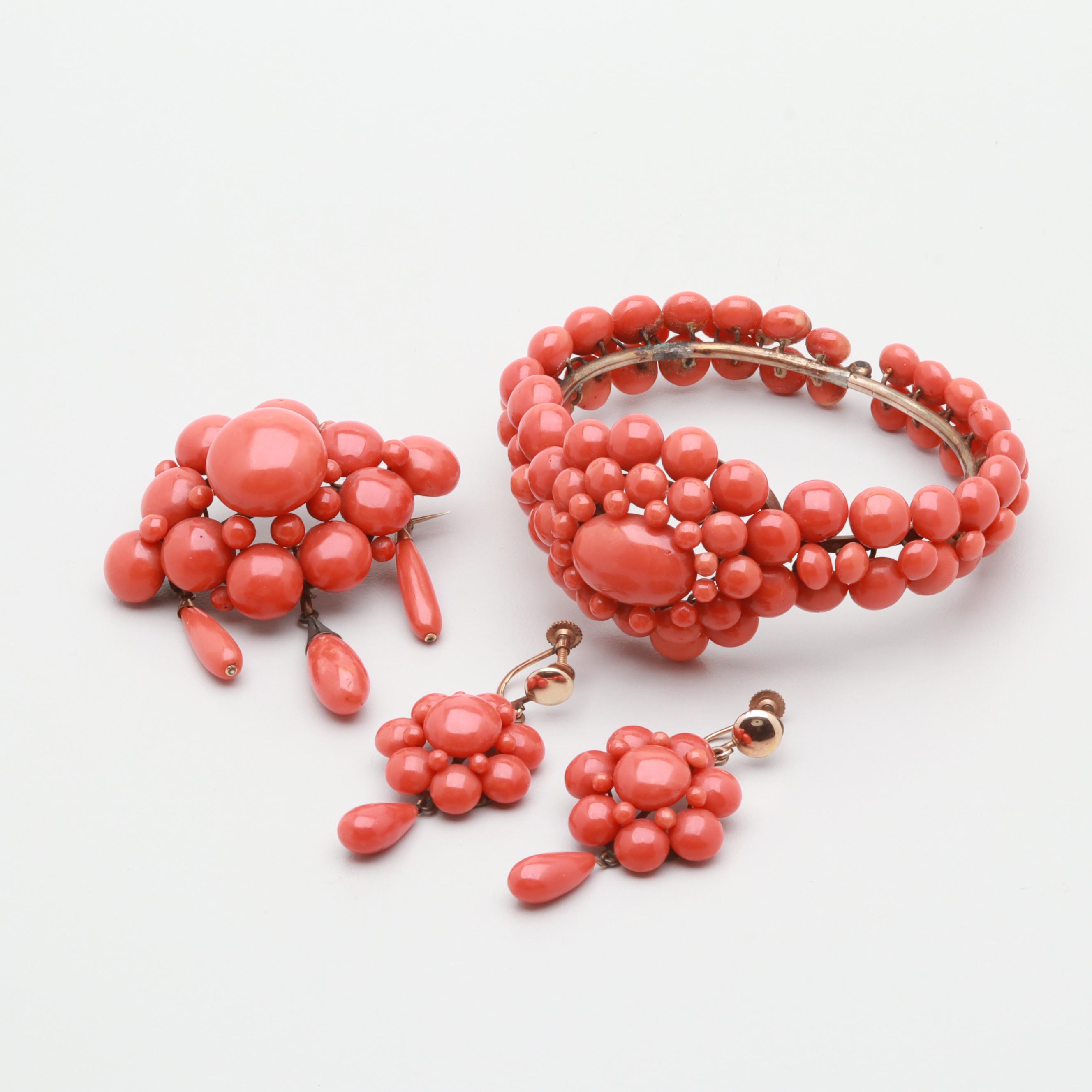 Victorian Coral Bracelet, Earring, and Brooch Set with Case