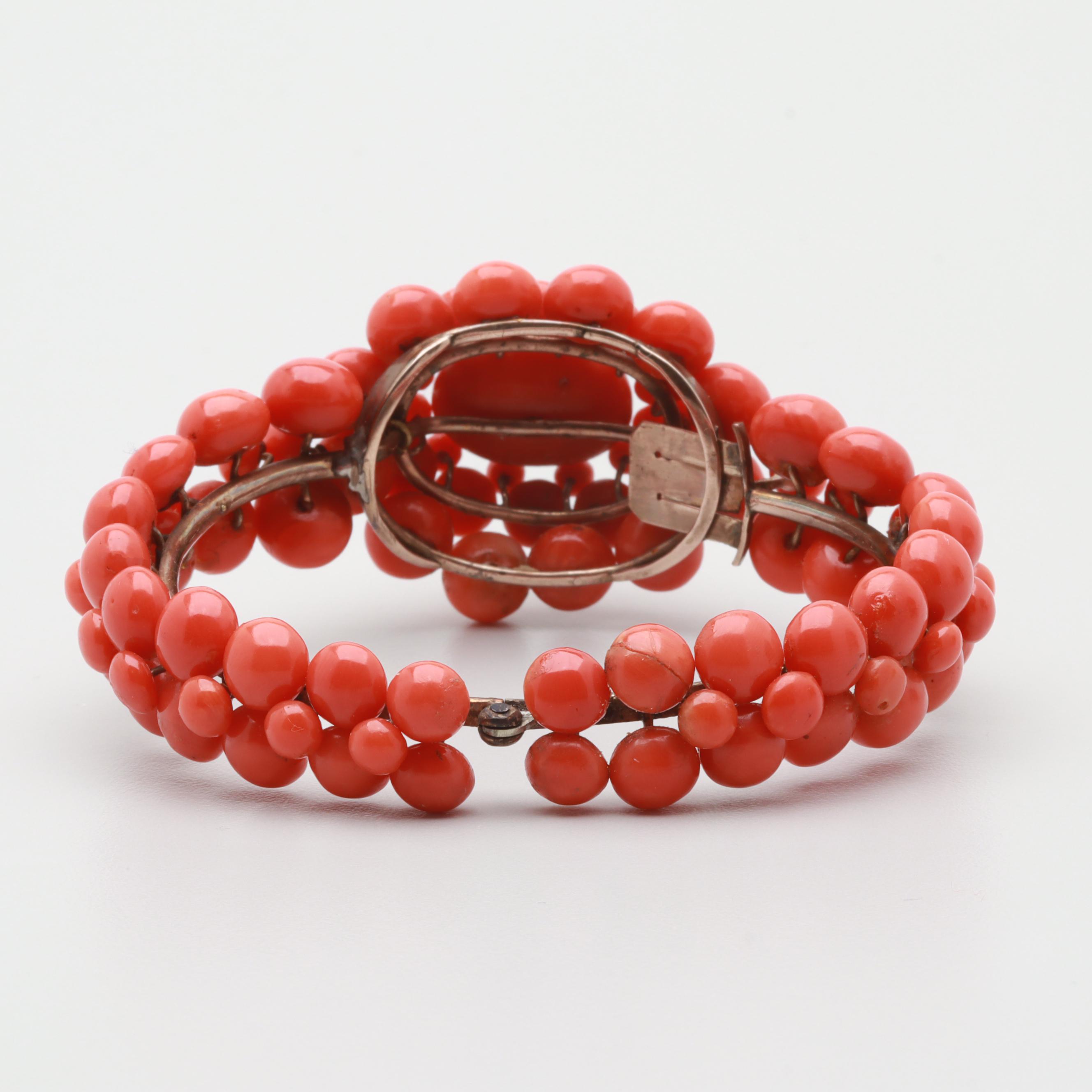 Victorian Coral Bracelet, Earring, and Brooch Set with Case