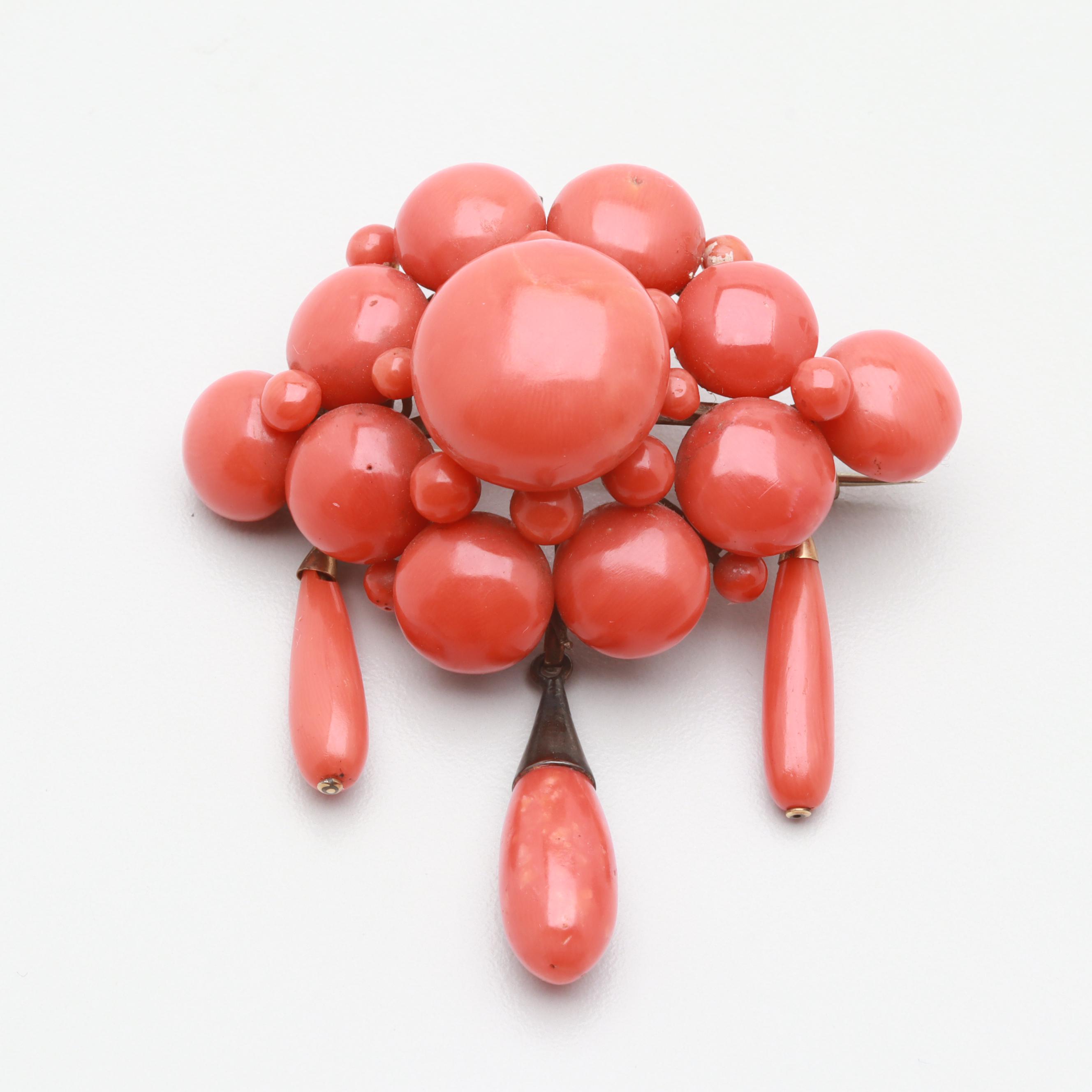 Victorian Coral Bracelet, Earring, and Brooch Set with Case