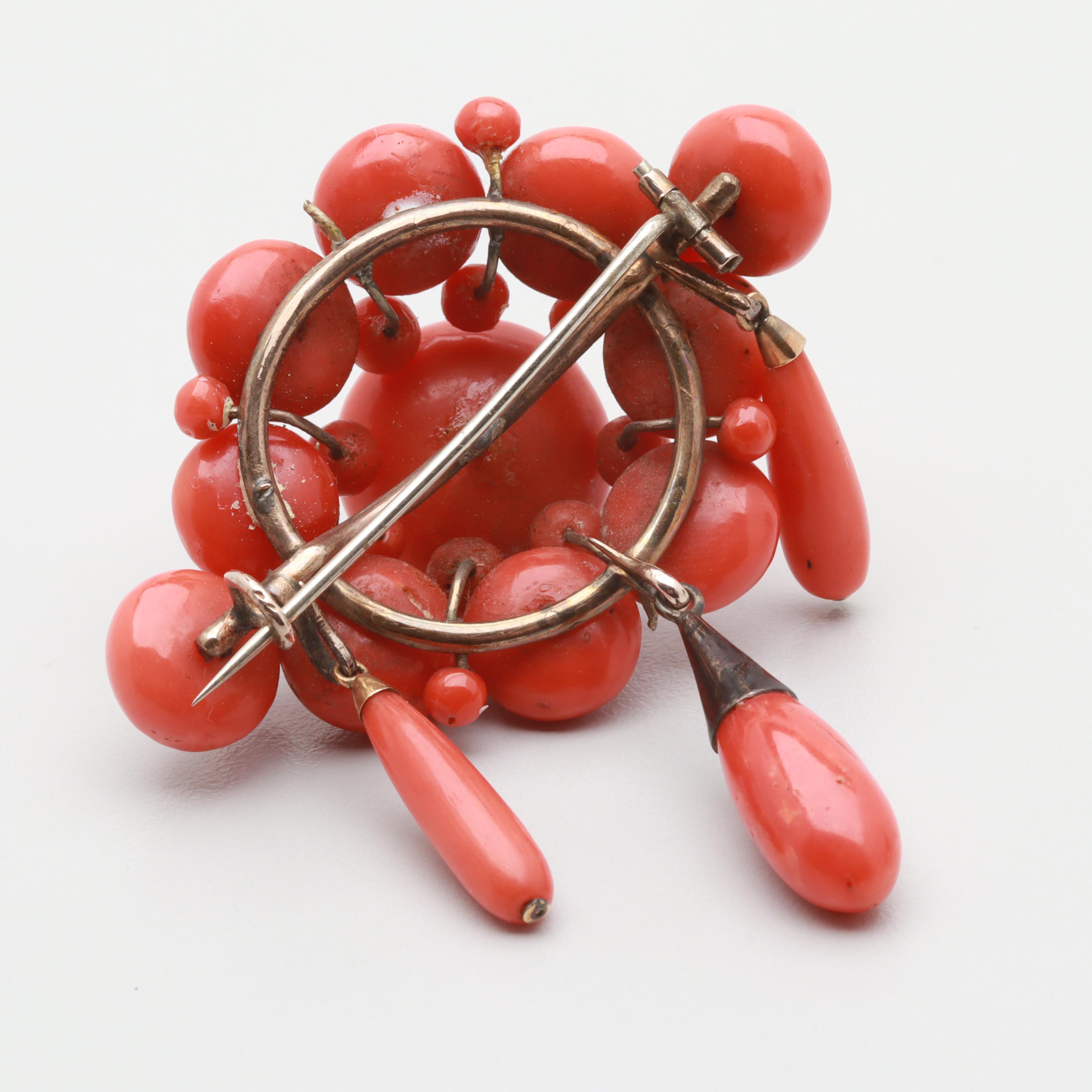Victorian Coral Bracelet, Earring, and Brooch Set with Case