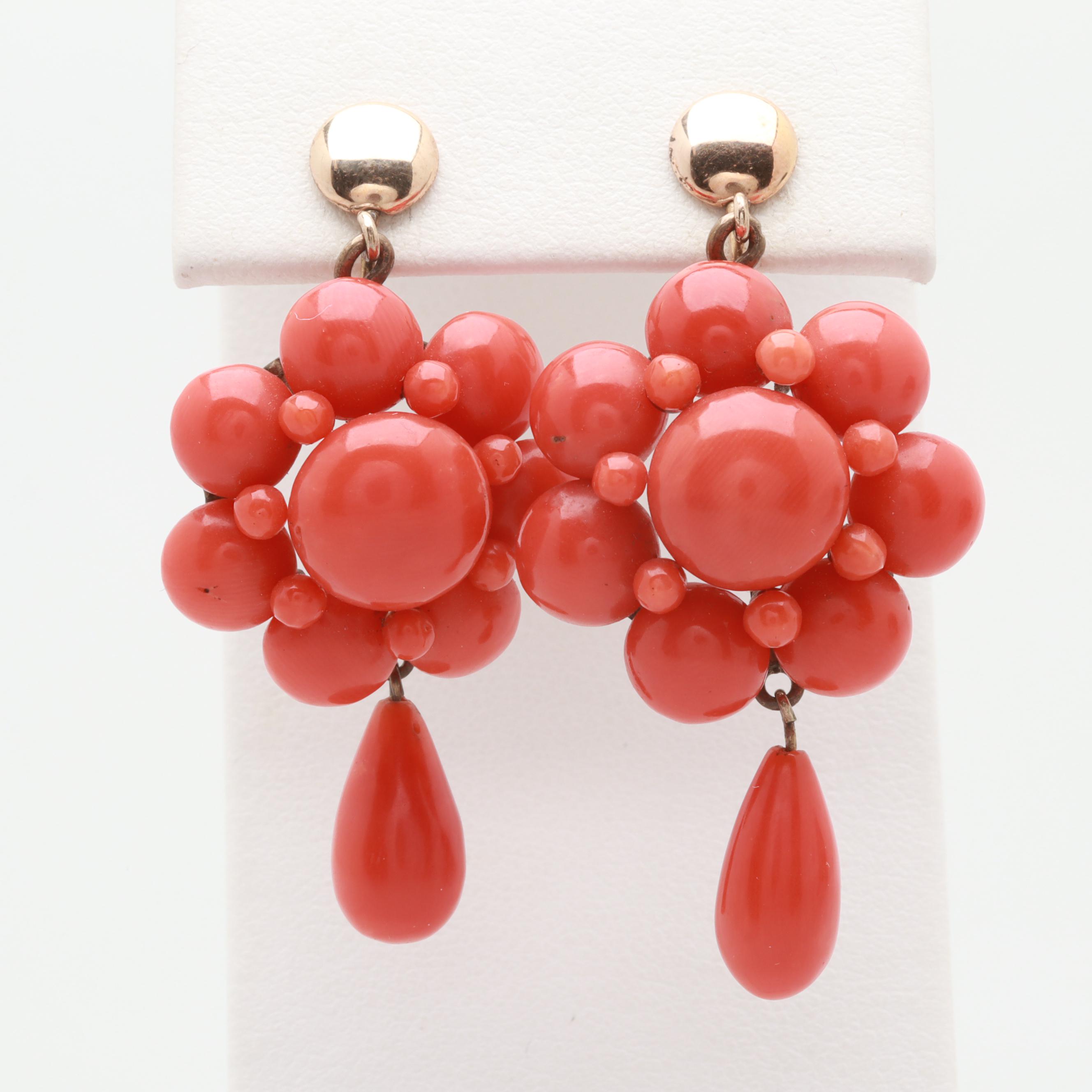 Victorian Coral Bracelet, Earring, and Brooch Set with Case