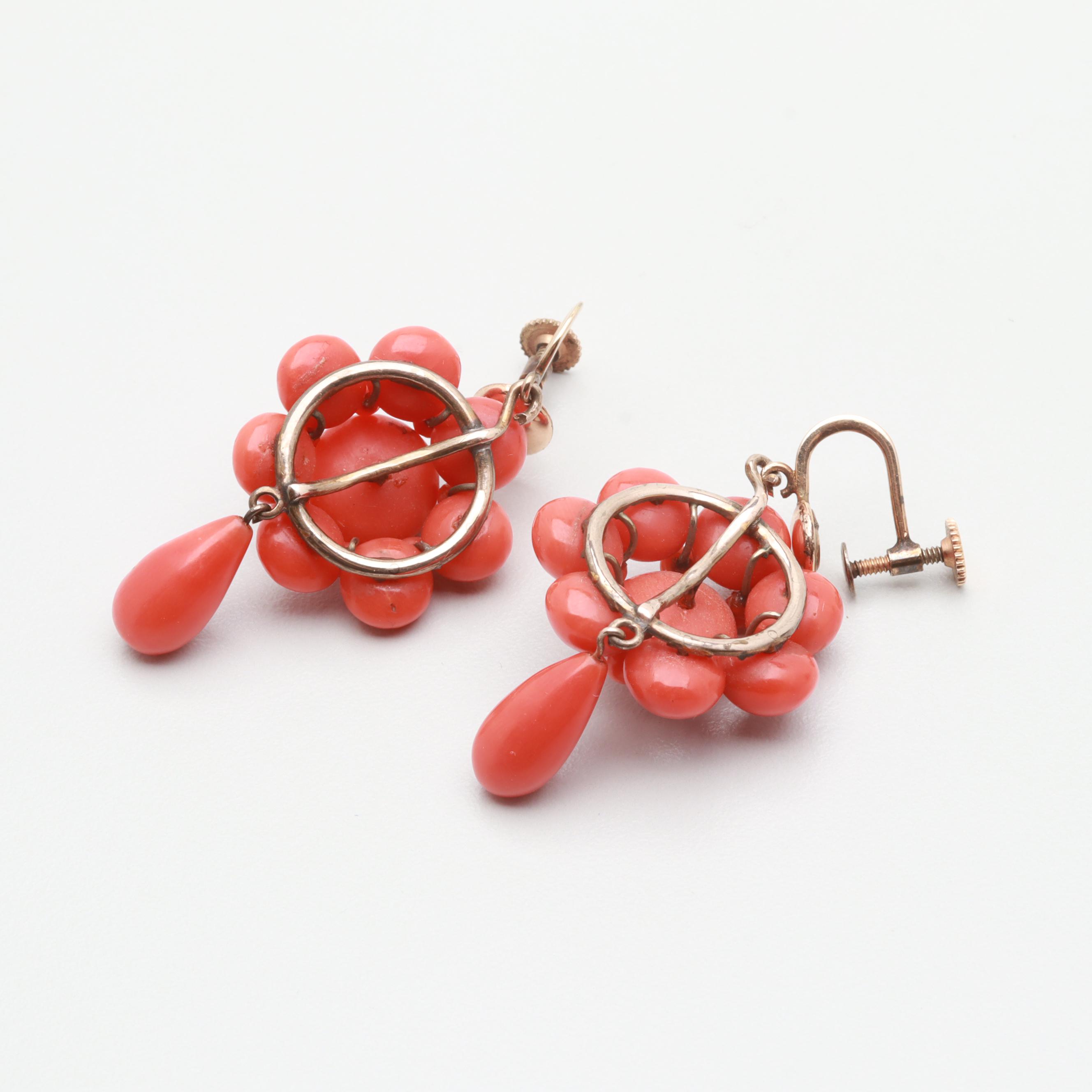 Victorian Coral Bracelet, Earring, and Brooch Set with Case