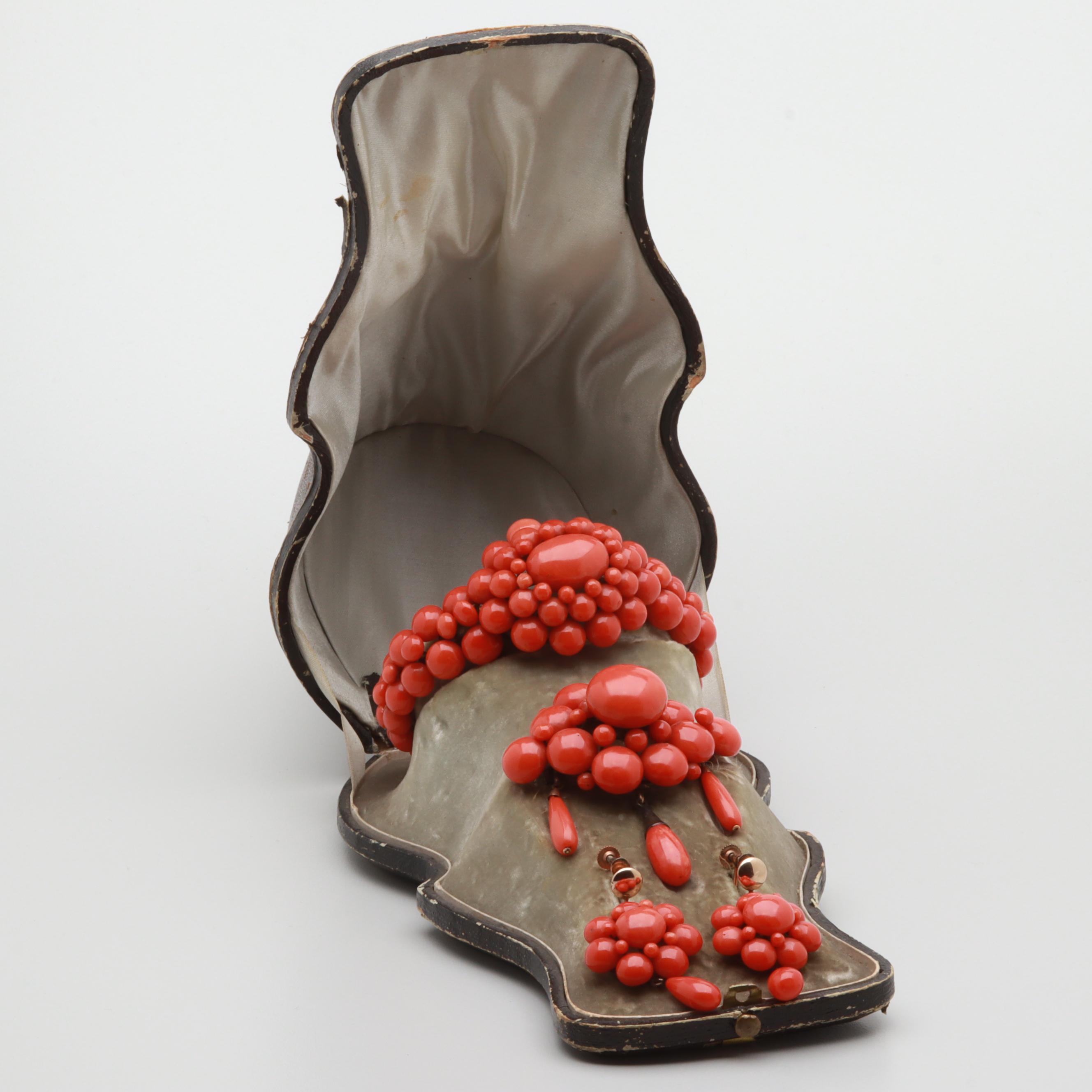 Victorian Coral Bracelet, Earring, and Brooch Set with Case