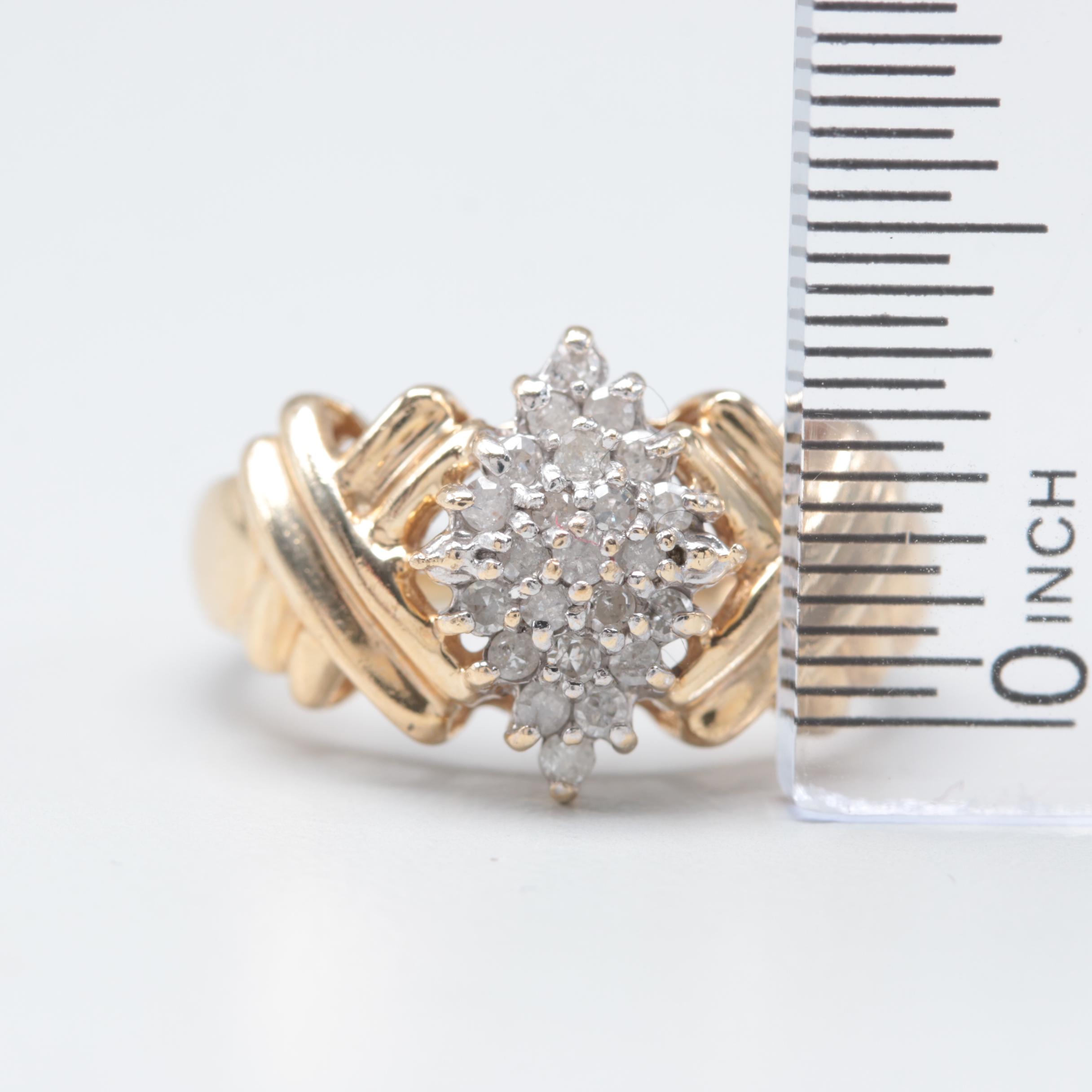 10K Yellow Gold Diamond Cluster Stepped Ring