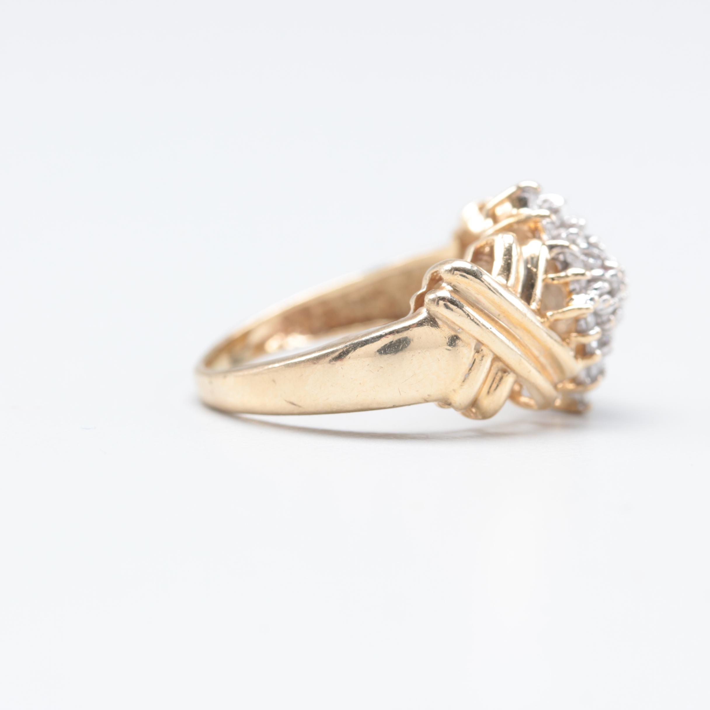 10K Yellow Gold Diamond Cluster Stepped Ring