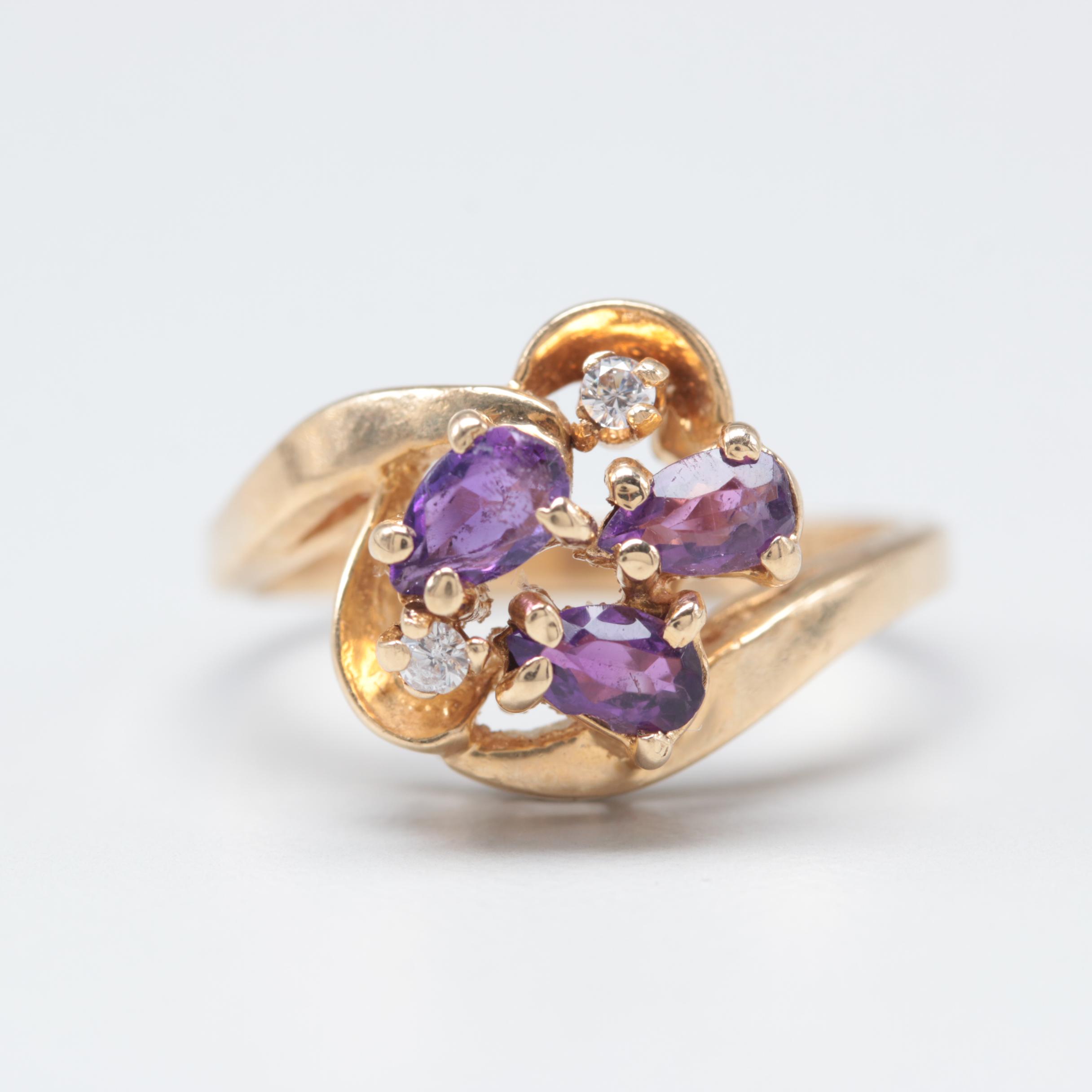 14K Yellow Gold Amethyst and Cubic Zirconia Bypass Ring