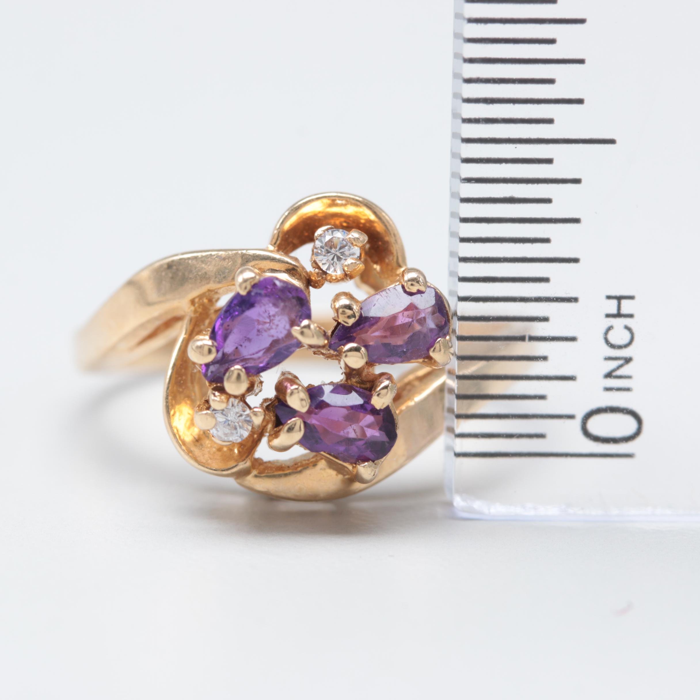 14K Yellow Gold Amethyst and Cubic Zirconia Bypass Ring