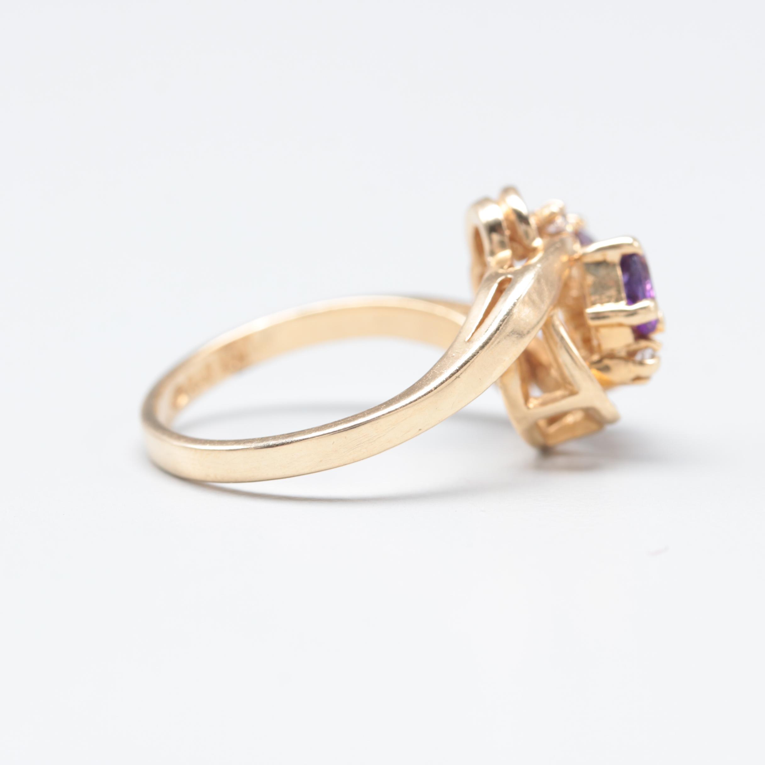 14K Yellow Gold Amethyst and Cubic Zirconia Bypass Ring