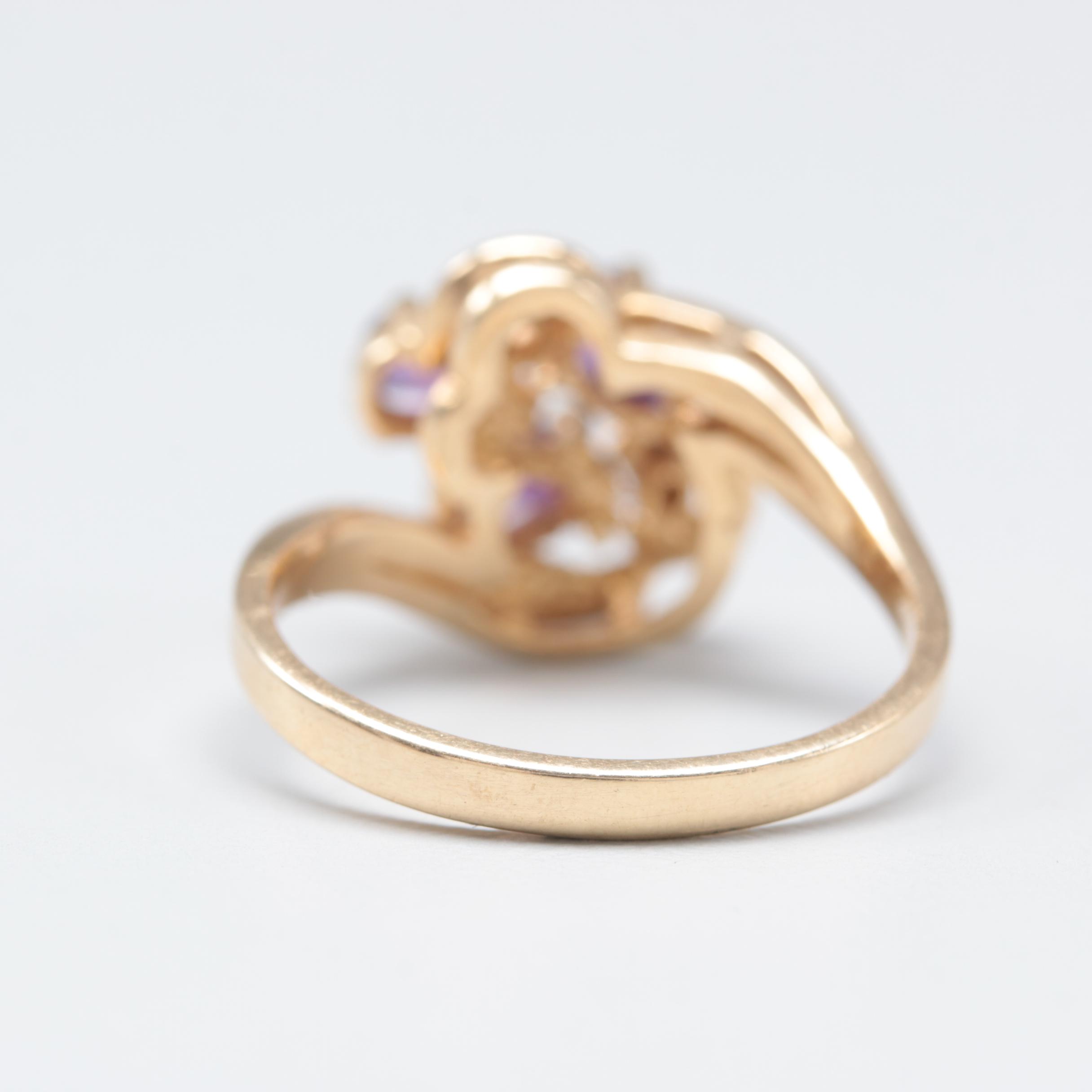 14K Yellow Gold Amethyst and Cubic Zirconia Bypass Ring